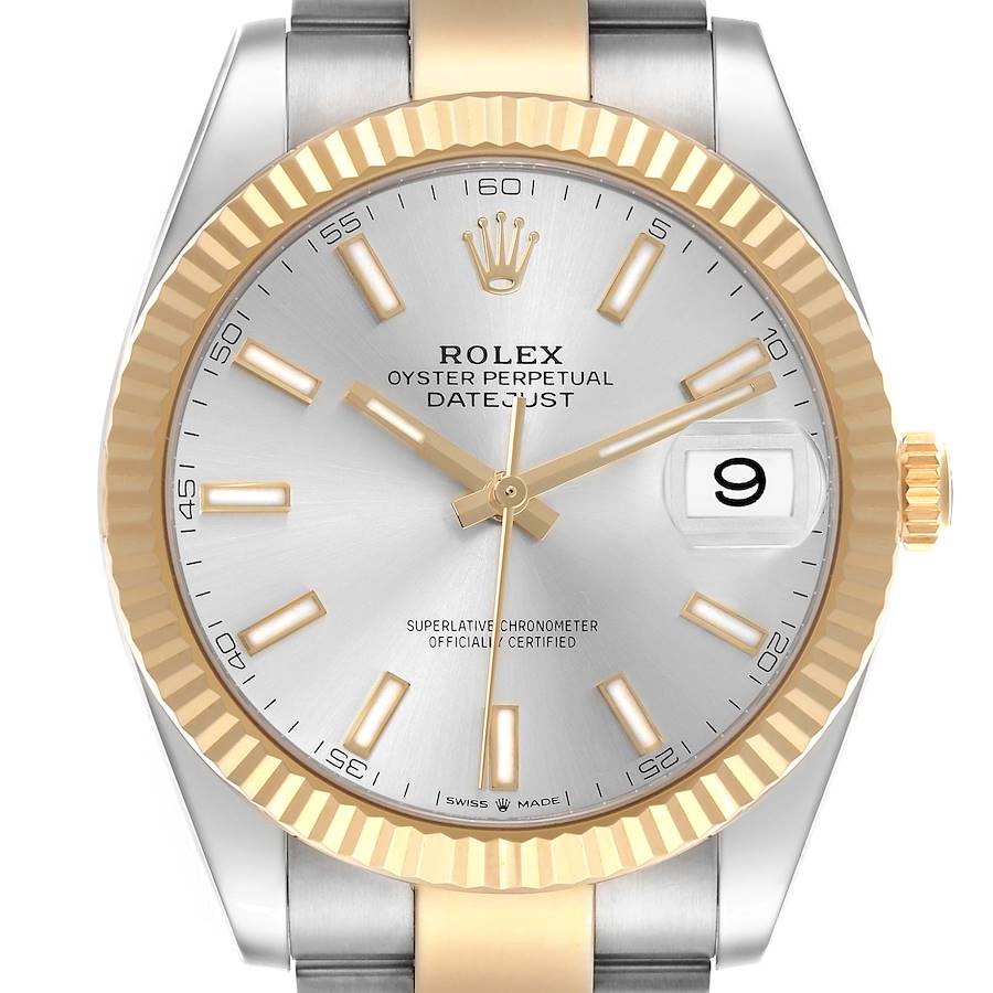 The image shows a frontal view of the Rolex Datejust 41, highlighting the dial, fluted bezel, and bracelet.