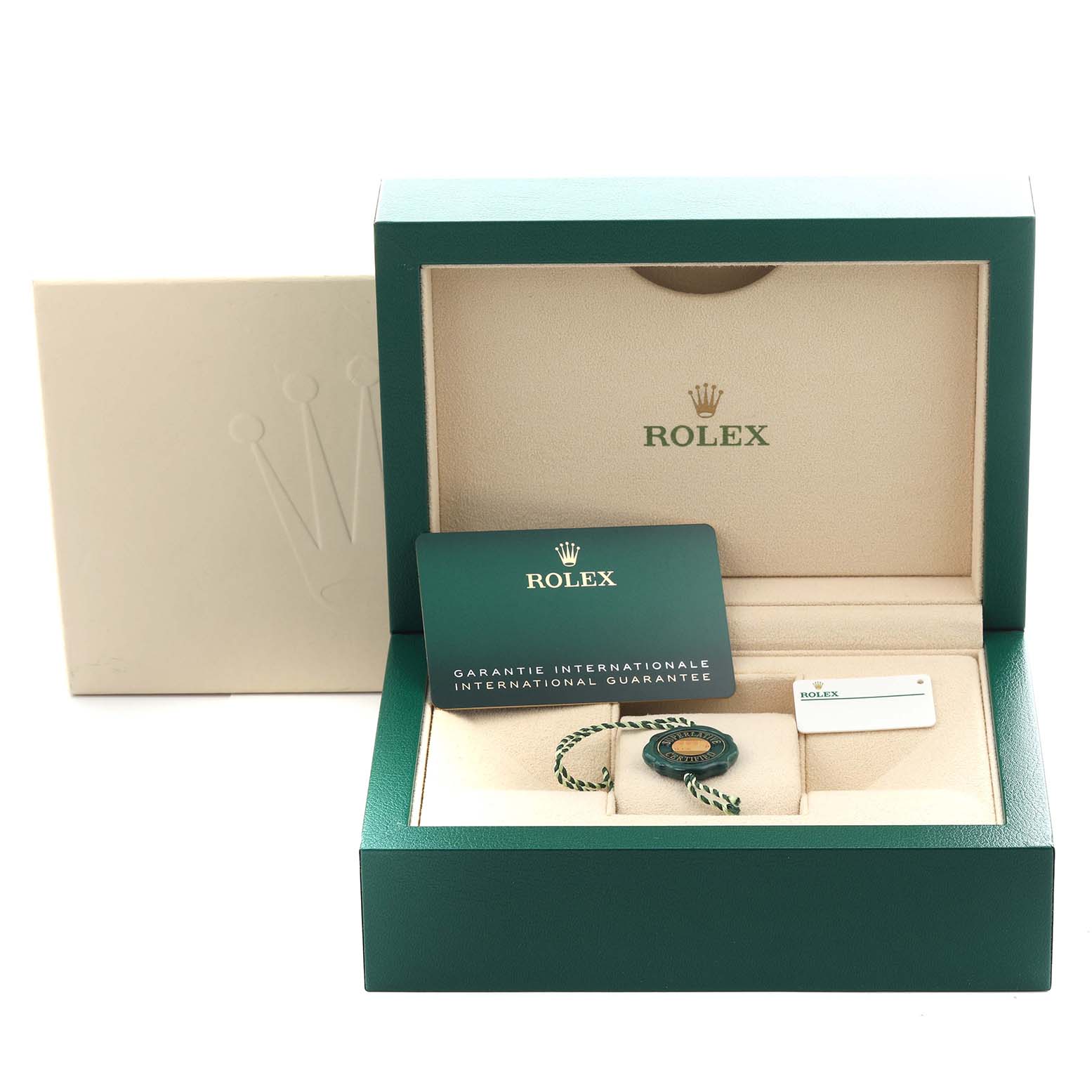 The image shows an open Rolex Datejust 41 126333 Men
s Steel and Gold (two tone) Silver Dial 126333 Men
s Steel and Gold (two tone) Silver Dial box with a guarantee card, tag, and additional accessories inside.