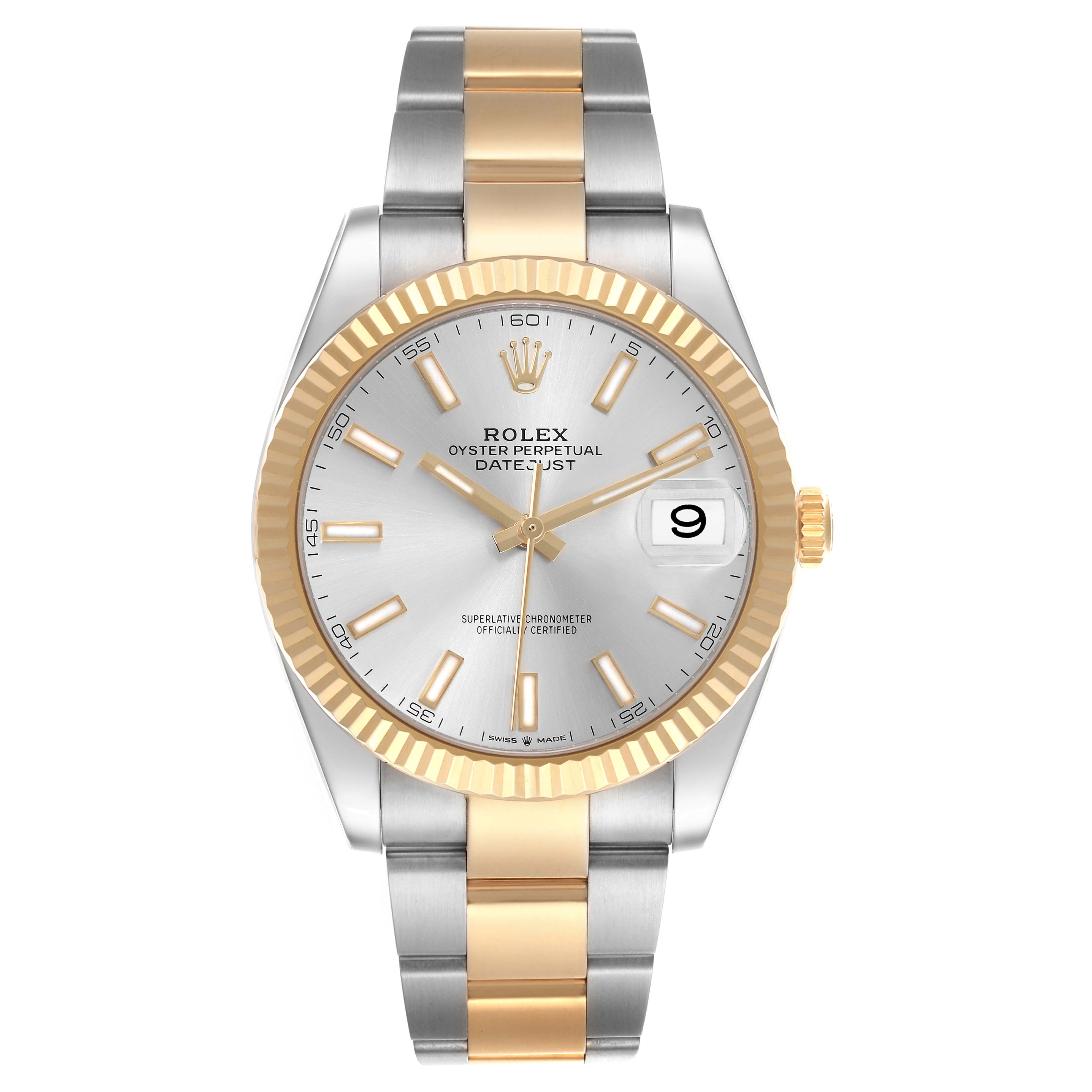 The Rolex Datejust 41 126333 Men
s Steel and Gold (two tone) Silver Dial 126333 Men
s Steel and Gold (two tone) Silver Dial watch is shown from the front, displaying its face, bezel, and bracelet in gold and stainless steel.