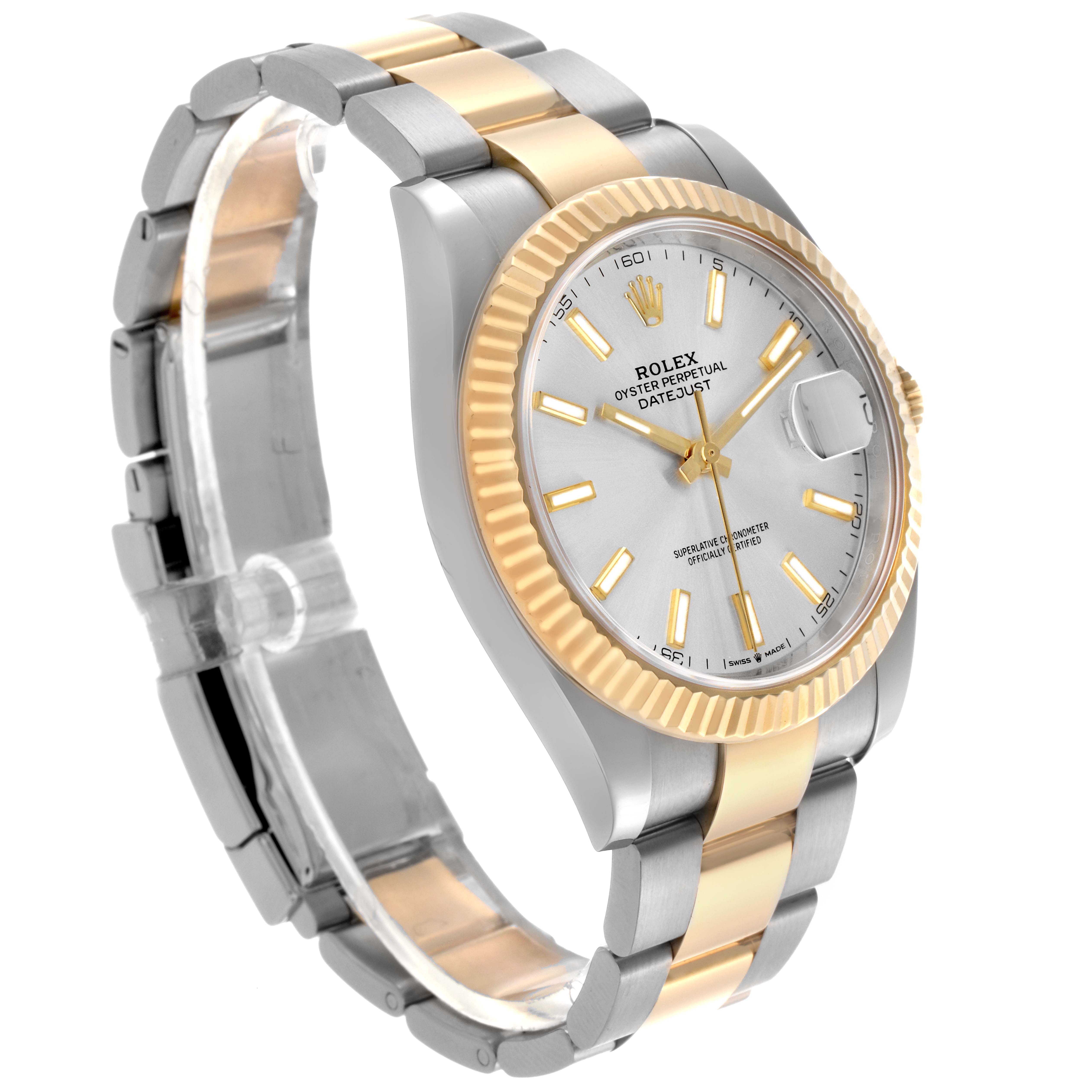 The Rolex Datejust 41 126333 Men
s Steel and Gold (two tone) Silver Dial 126333 Men
s Steel and Gold (two tone) Silver Dial watch is shown from a three-quarter angle, highlighting the bezel, dial, and bracelet.