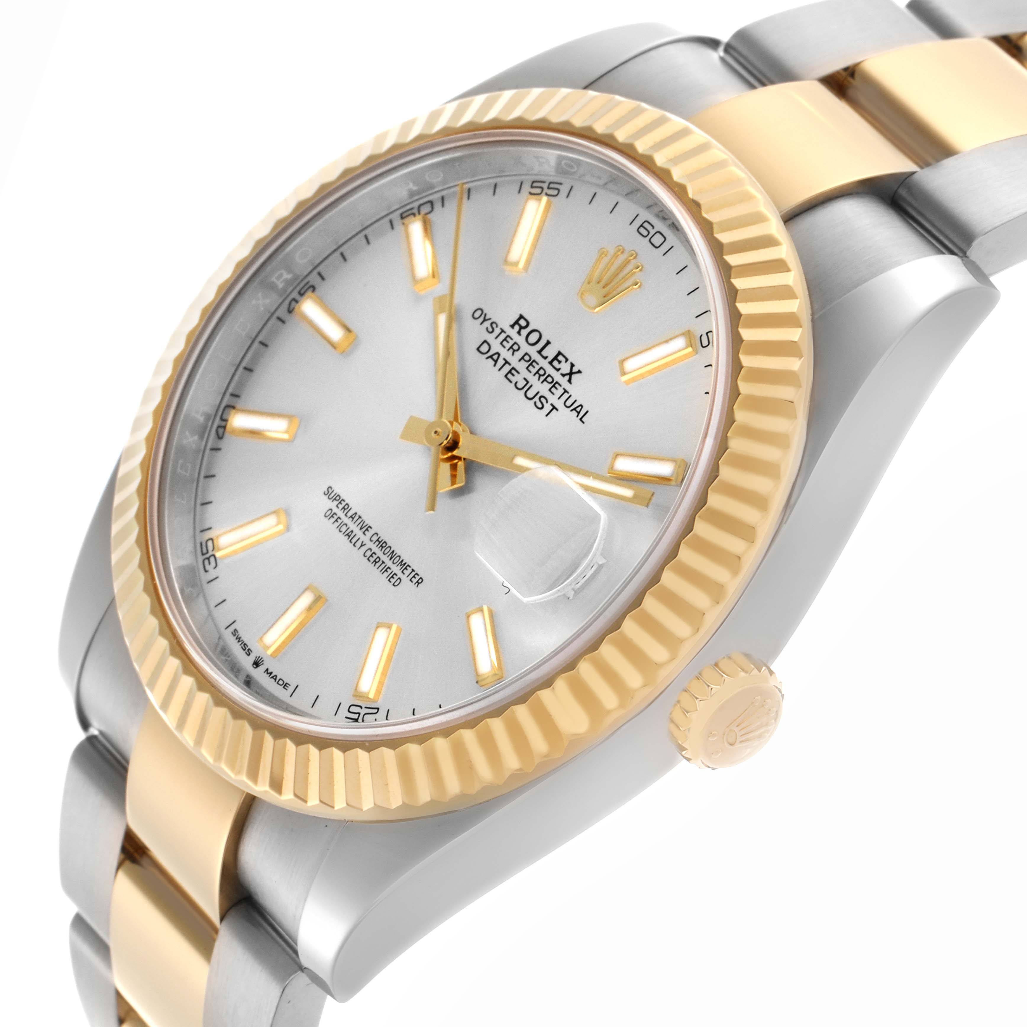 The Rolex Datejust 41 126333 Men
s Steel and Gold (two tone) Silver Dial 126333 Men
s Steel and Gold (two tone) Silver Dial watch is shown at a slight angle, highlighting the bezel, crown, dial, and part of the bracelet.