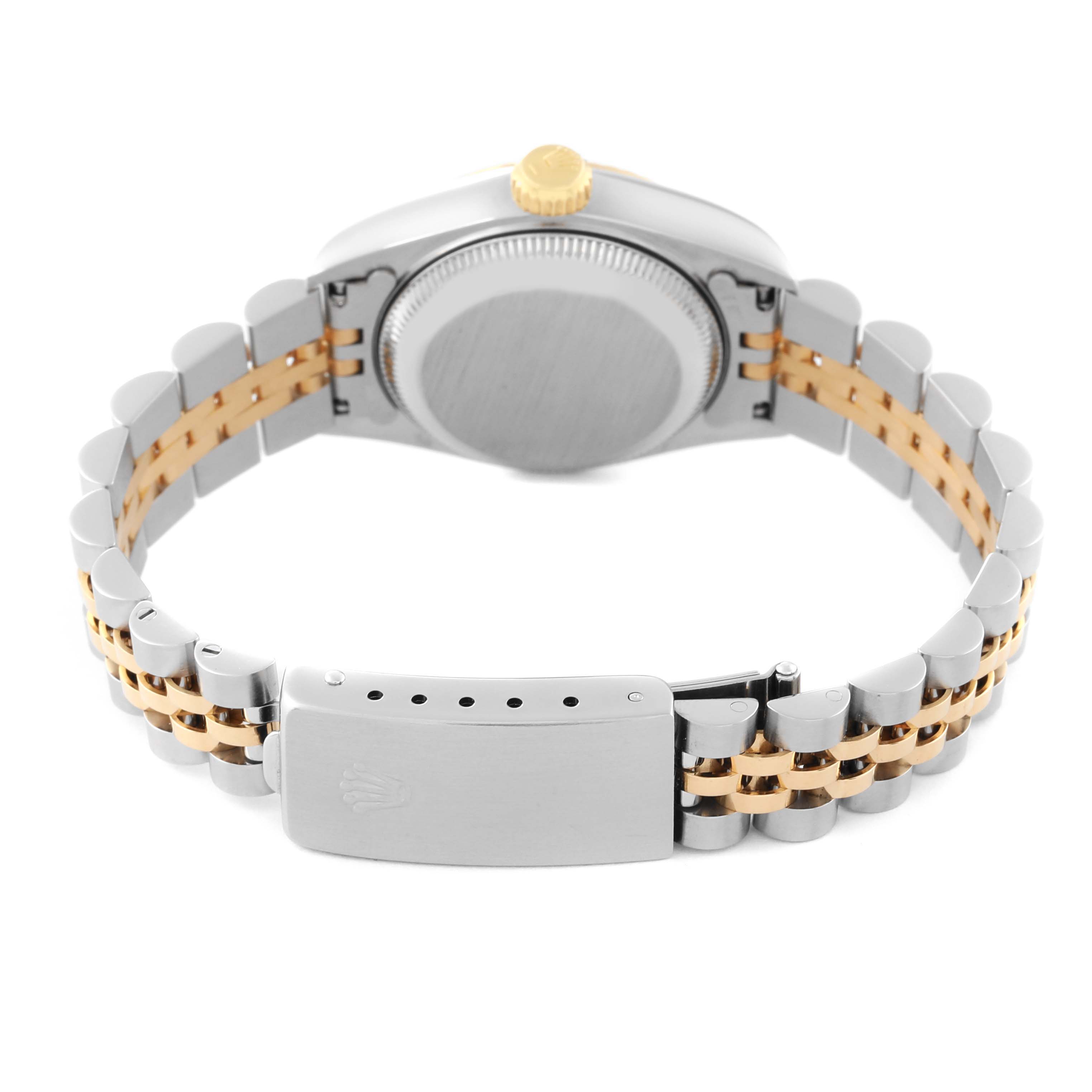 This image shows the back view of a Rolex Datejust 69173 Women's Steel and Gold (two tone) White Dial 69173 Women's Steel and Gold (two tone) White Dial watch, highlighting the bracelet and clasp.