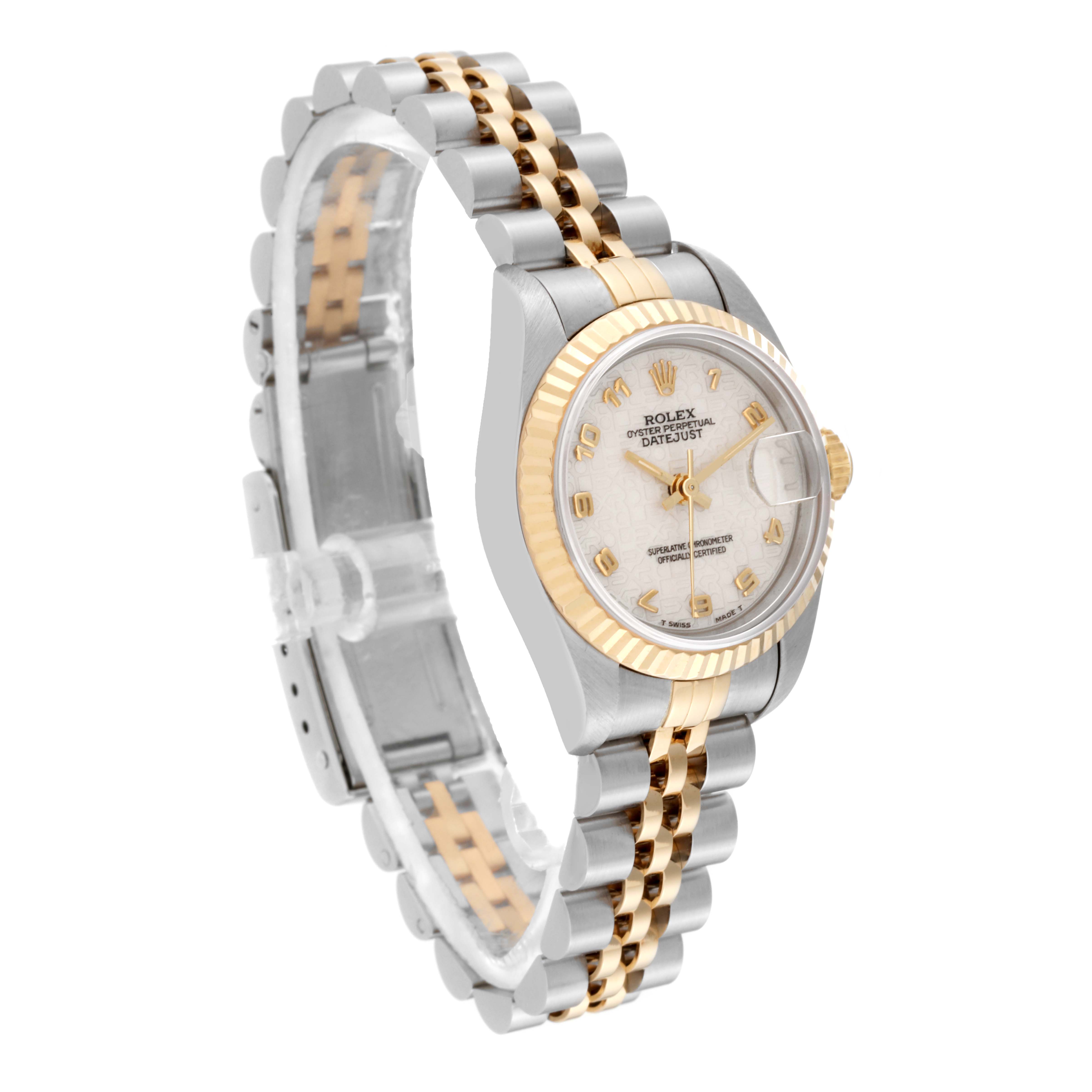 The Rolex Datejust 69173 Women's Steel and Gold (two tone) White Dial 69173 Women's Steel and Gold (two tone) White Dial watch is shown at a three-quarter angle highlighting its face, bezel, and two-tone bracelet.