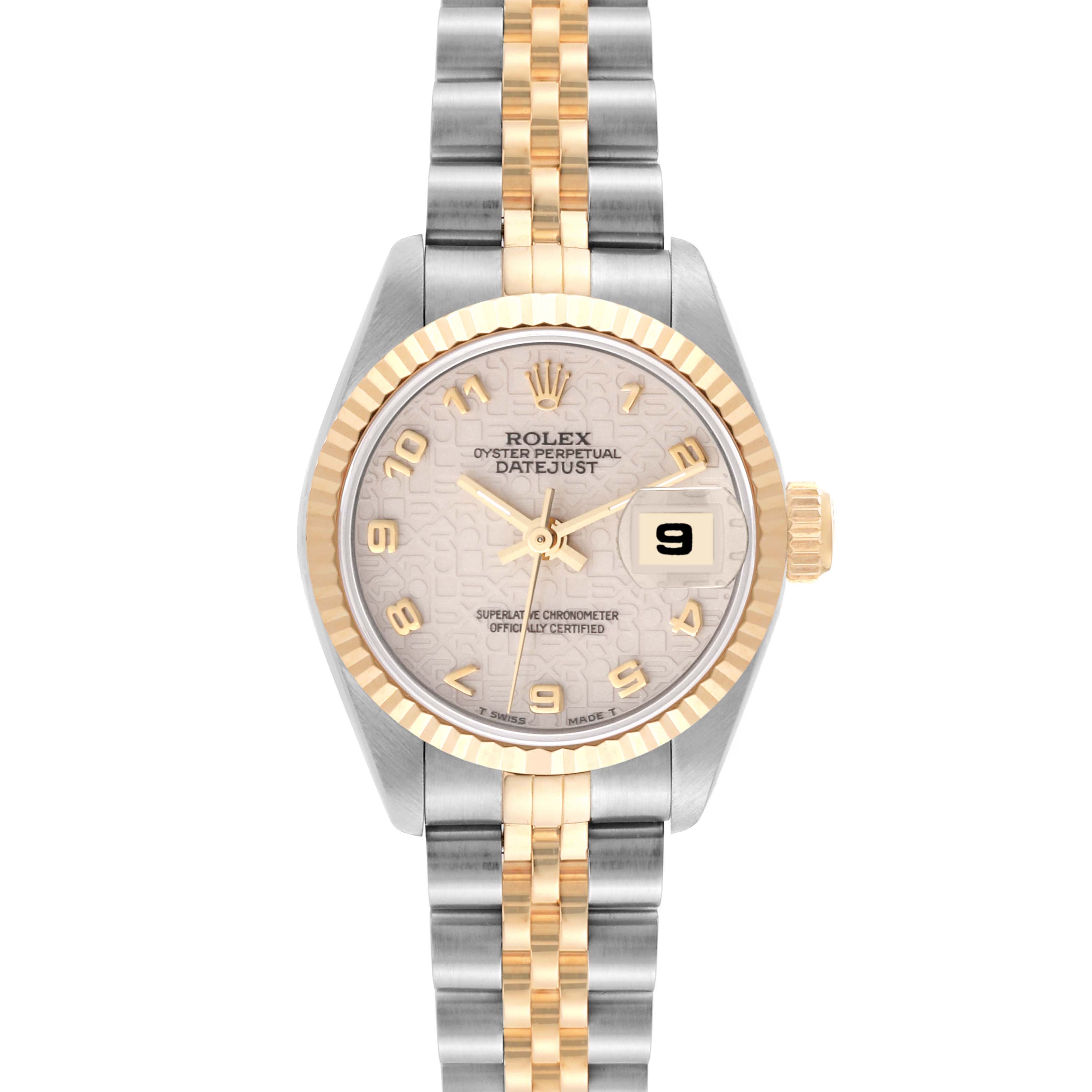 This image shows a Rolex Datejust 69173 Women's Steel and Gold (two tone) White Dial 69173 Women's Steel and Gold (two tone) White Dial watch from a top-down angle, highlighting its dial, bezel, crown, and two-tone bracelet.