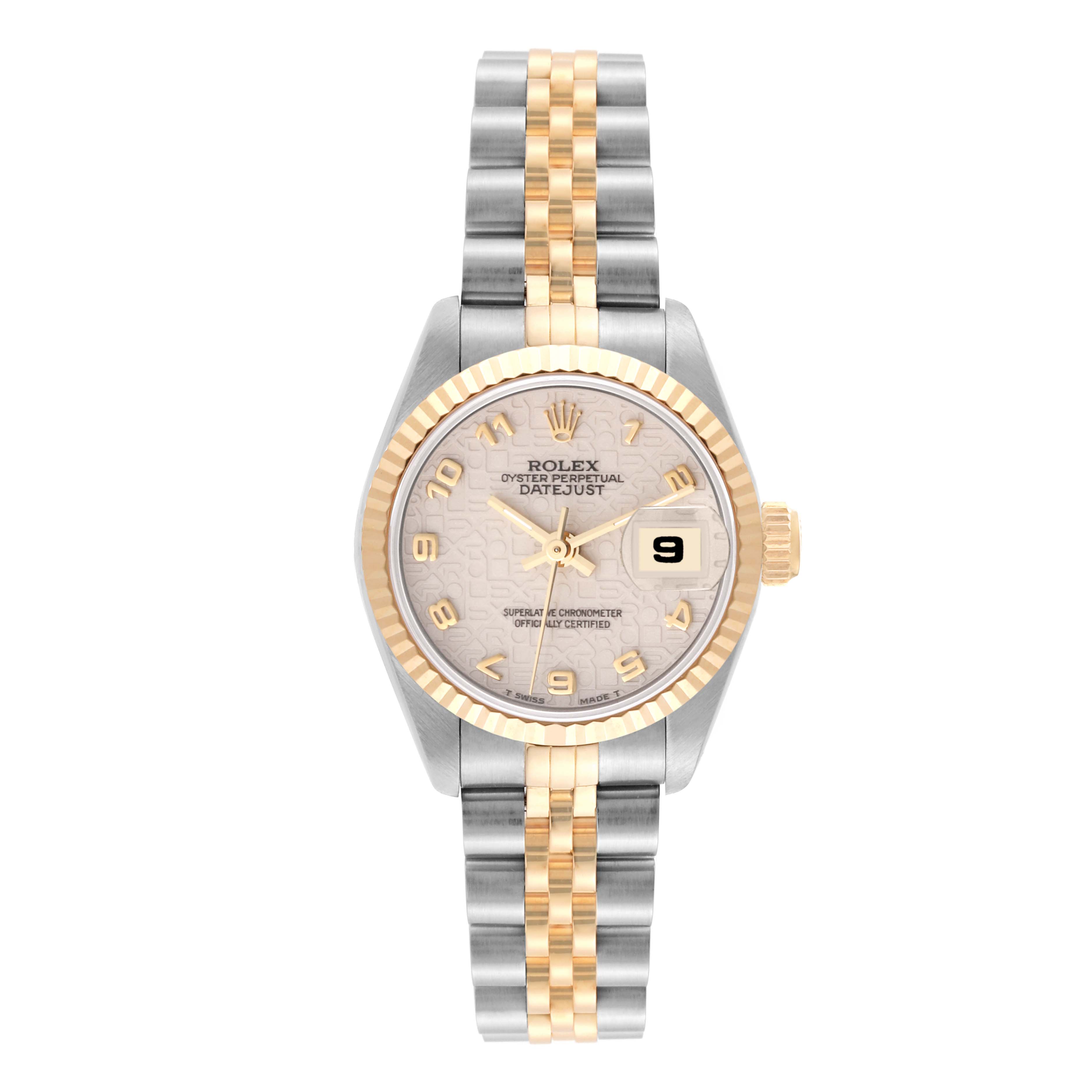 This image shows a front view of the Rolex Datejust 69173 Women's Steel and Gold (two tone) White Dial 69173 Women's Steel and Gold (two tone) White Dial watch, displaying the dial, bezel, and the two-tone bracelet.