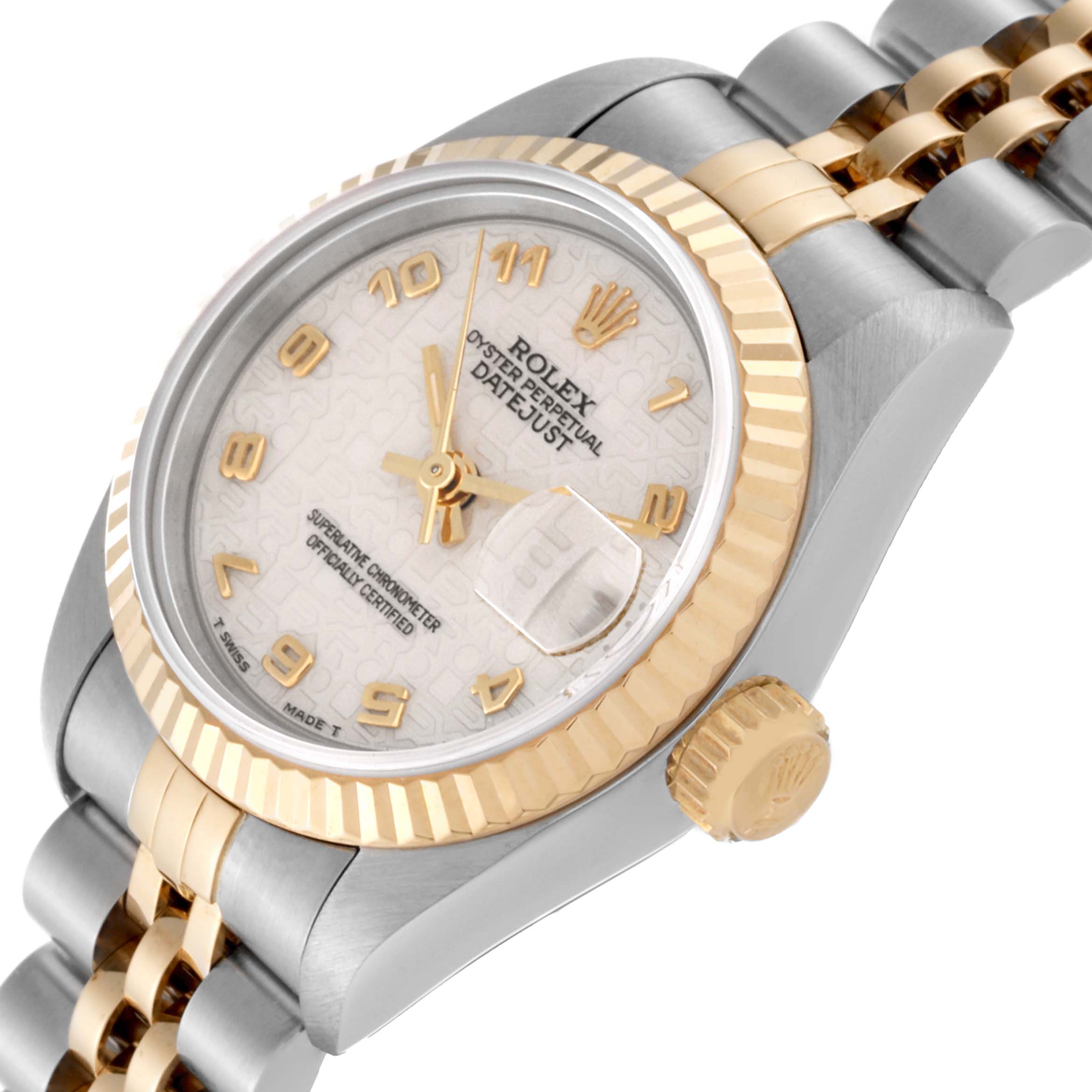 The image shows a close-up of the Rolex Datejust 69173 Women's Steel and Gold (two tone) White Dial 69173 Women's Steel and Gold (two tone) White Dial watch, highlighting the dial, bezel, crown, and part of the bracelet at an angle.