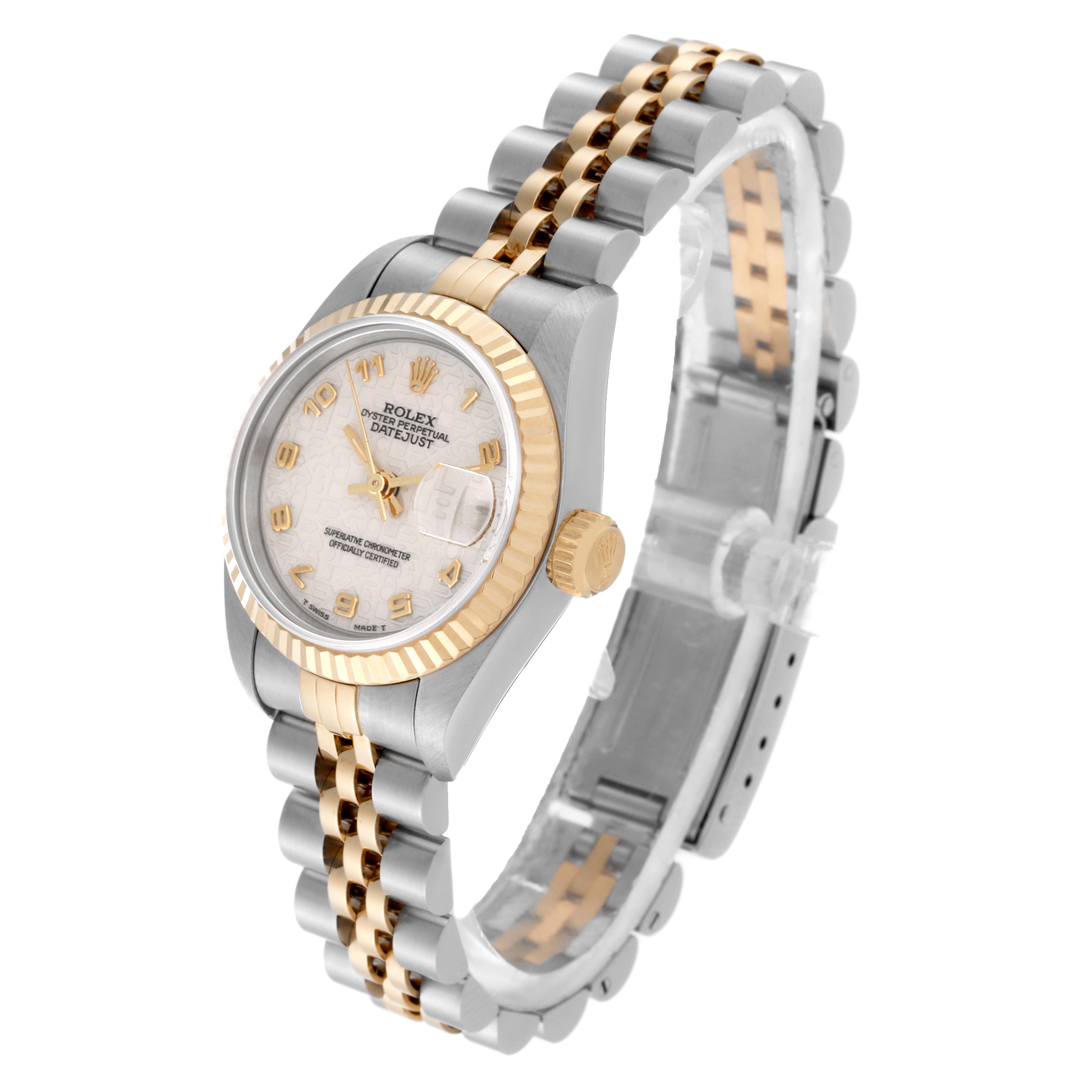 The Rolex Datejust 69173 Women's Steel and Gold (two tone) White Dial 69173 Women's Steel and Gold (two tone) White Dial watch is shown at a slight angle, highlighting its face, crown, and two-tone bracelet.