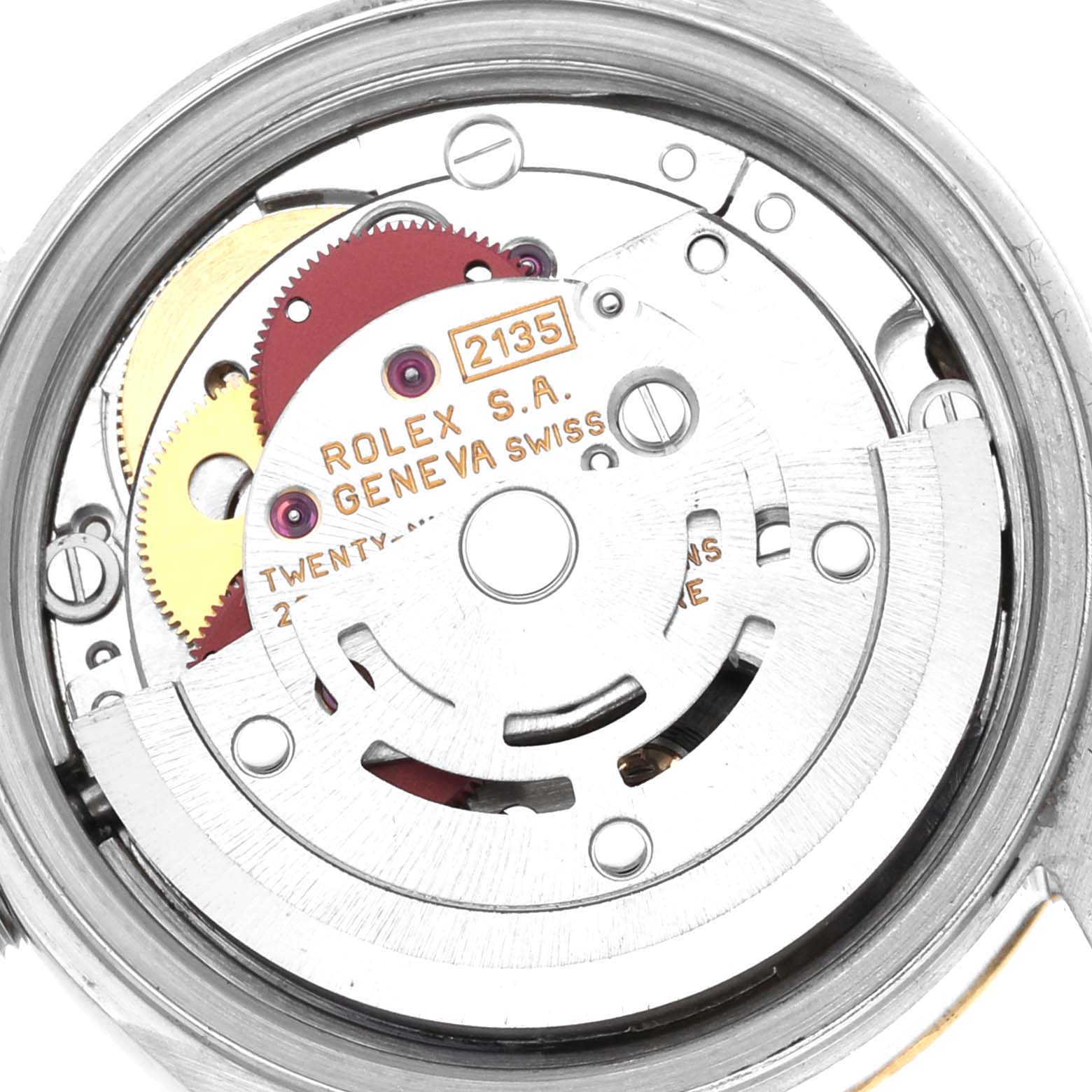 This image shows the internal mechanism and movement of a Rolex Datejust 69173 Women's Steel and Gold (two tone) Champagne Dial 69173 Women's Steel and Gold (two tone) Champagne Dial model watch from a rear view angle.