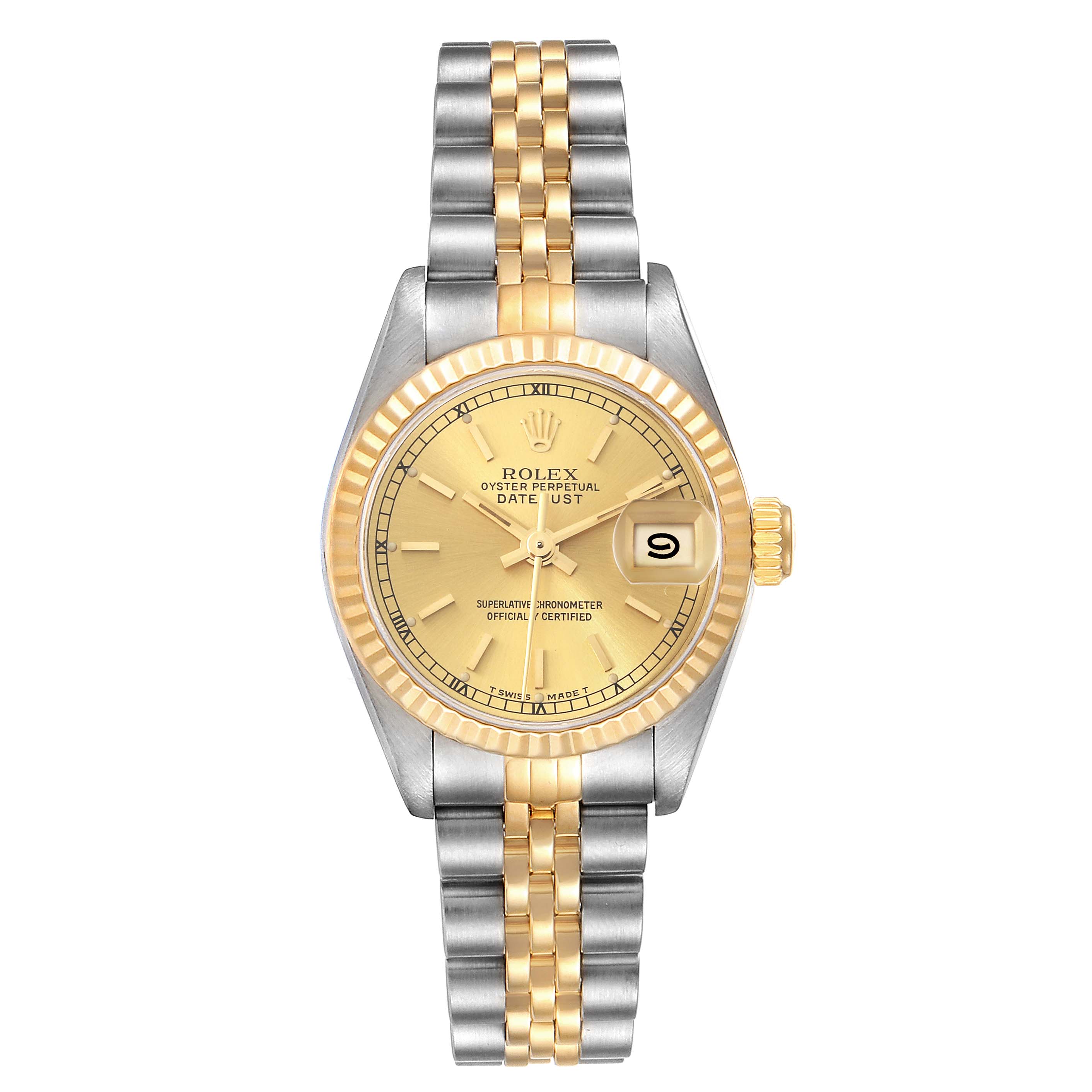 The Rolex Datejust 69173 Women's Steel and Gold (two tone) Champagne Dial 69173 Women's Steel and Gold (two tone) Champagne Dial watch is shown from a direct overhead angle, highlighting its dial, date window, and bi-metal bracelet.