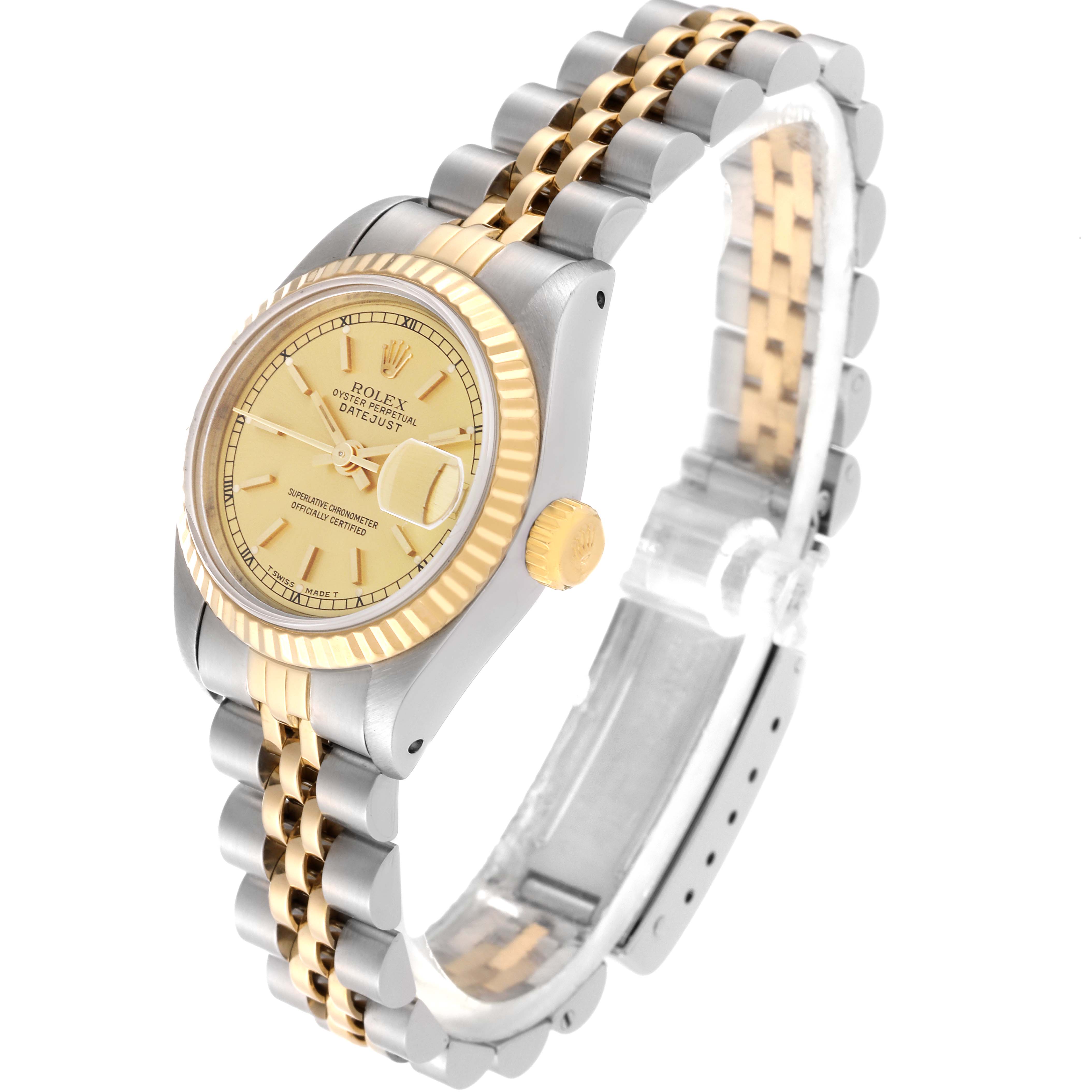 The image shows a Rolex Datejust 69173 Women's Steel and Gold (two tone) Champagne Dial 69173 Women's Steel and Gold (two tone) Champagne Dial watch from a 3/4 angle, highlighting the dial, bezel, crown, and two-toned Jubilee bracelet.