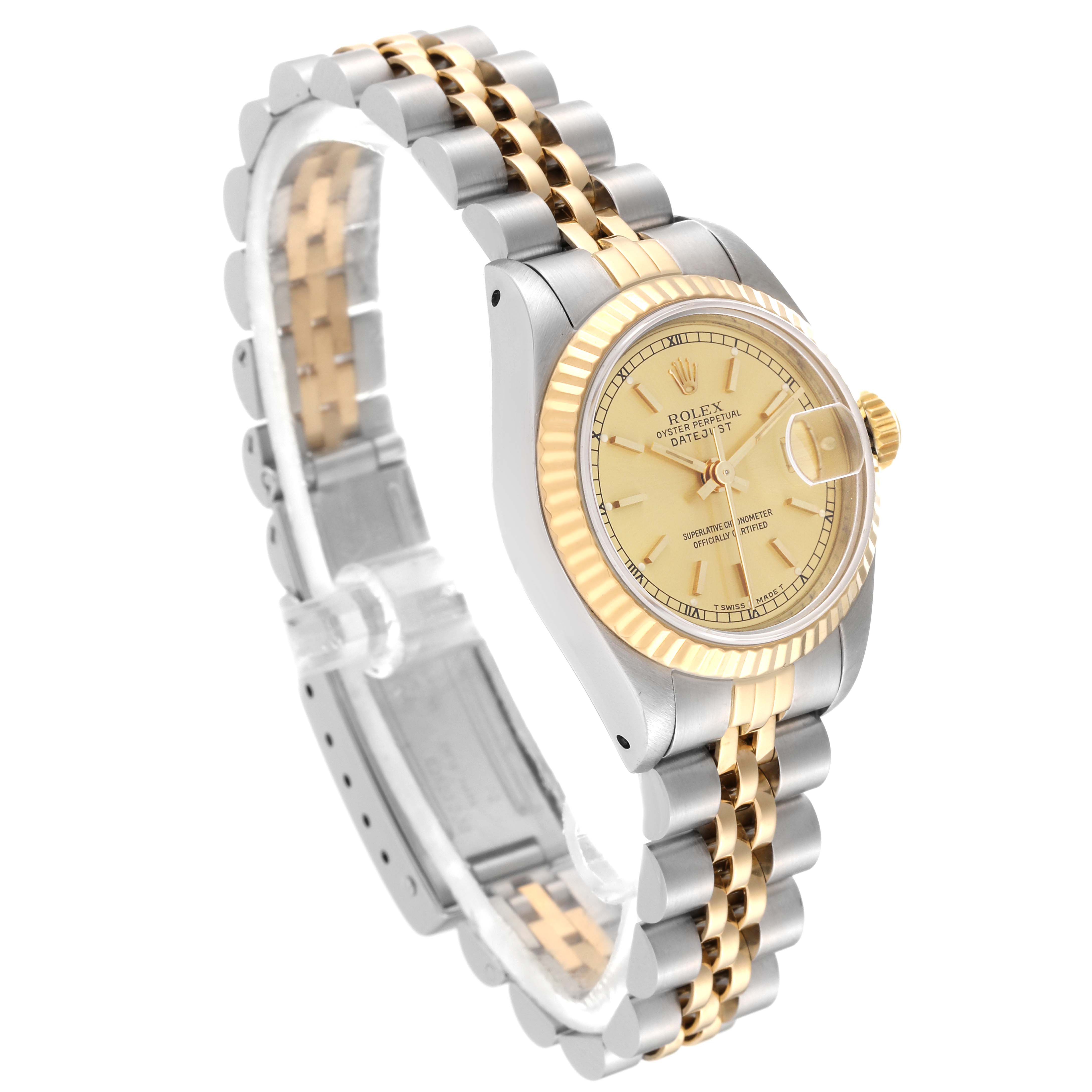 The Rolex Datejust 69173 Women's Steel and Gold (two tone) Champagne Dial 69173 Women's Steel and Gold (two tone) Champagne Dial watch is shown at an angled view, highlighting its gold bezel, champagne dial, and two-tone bracelet.