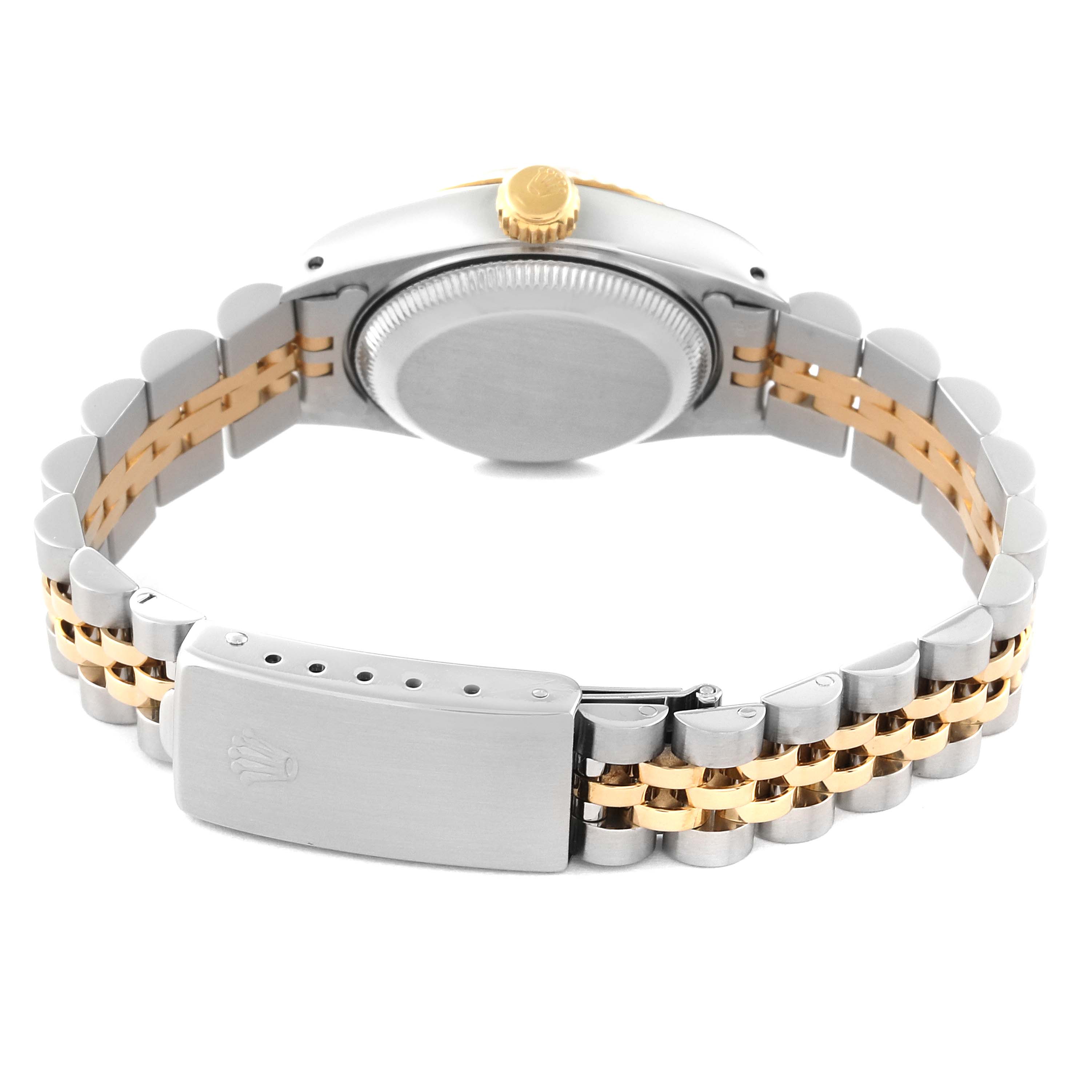 This image shows the back view of a Rolex Datejust 69173 Women's Steel and Gold (two tone) Champagne Dial 69173 Women's Steel and Gold (two tone) Champagne Dial watch, detailing its case back, crown, and two-tone Jubilee bracelet with clasp.