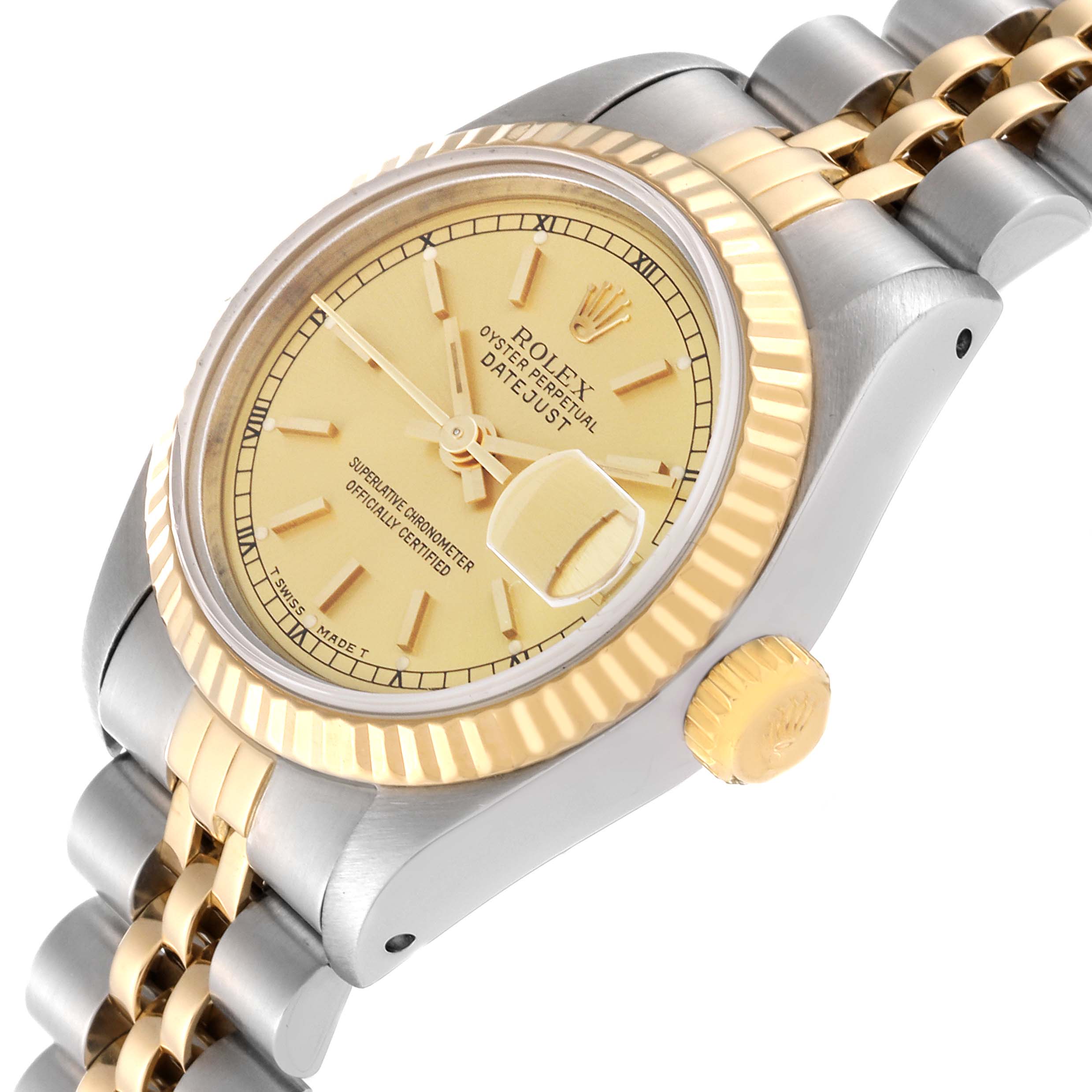 This image shows a tilted view of a Rolex Datejust 69173 Women's Steel and Gold (two tone) Champagne Dial 69173 Women's Steel and Gold (two tone) Champagne Dial watch, highlighting the face, bezel, crown, and part of the bracelet.