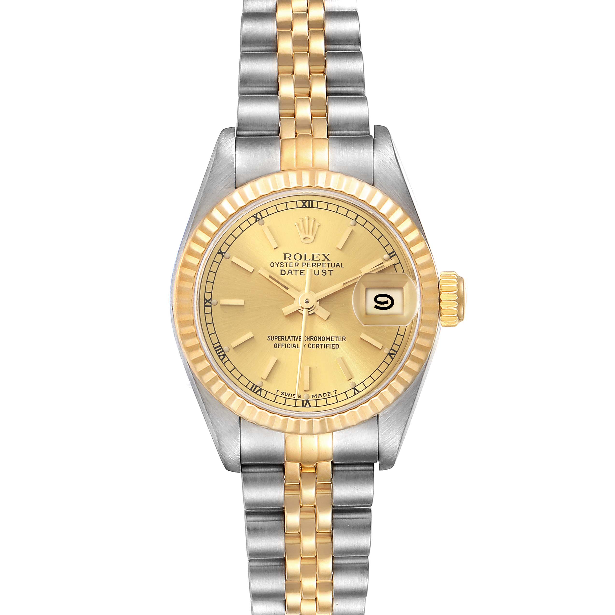 This image shows a front view of a Rolex Datejust 69173 Women's Steel and Gold (two tone) Champagne Dial 69173 Women's Steel and Gold (two tone) Champagne Dial watch, highlighting its face, bezel, and two-tone bracelet.
