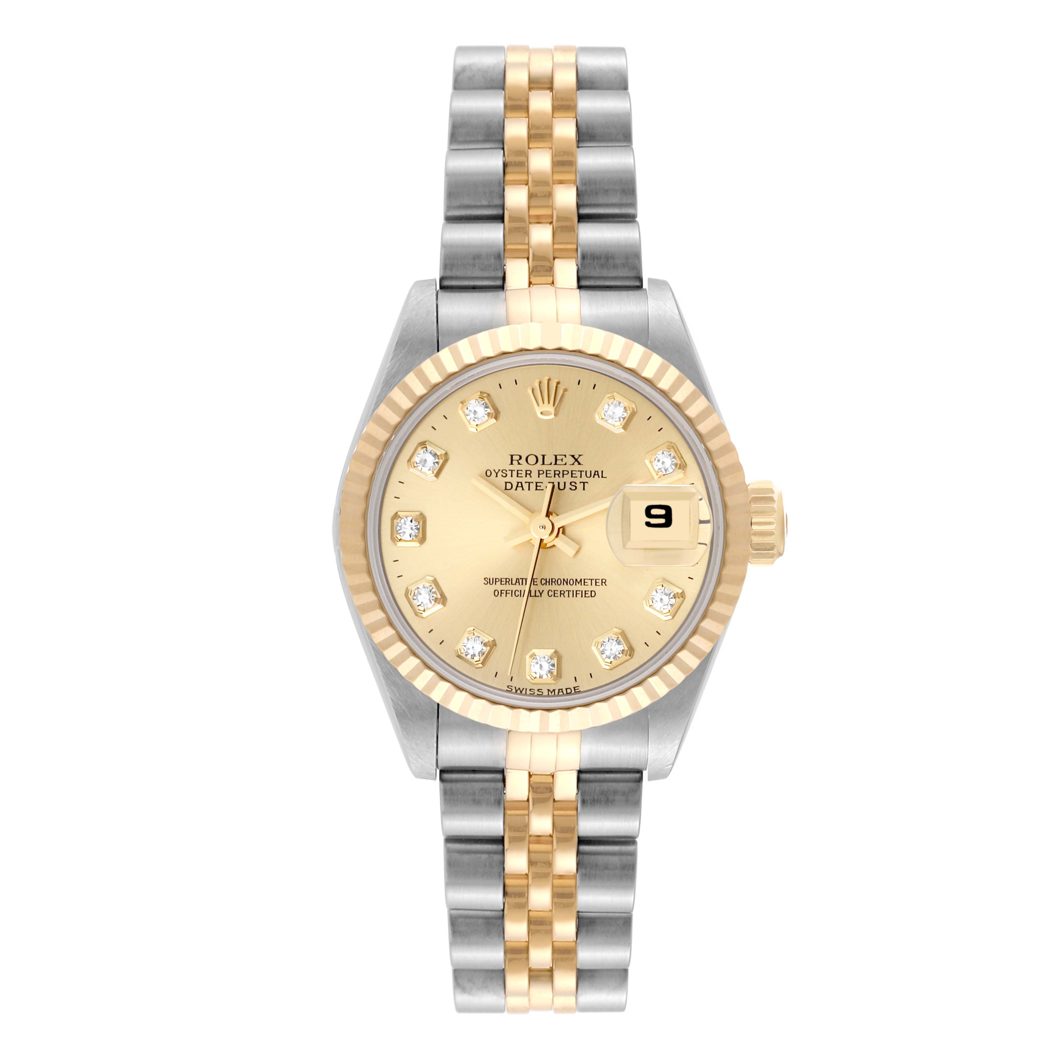 The Rolex Datejust 69173 Women's Steel and Gold (two tone) Champagne Dial 69173 Women's Steel and Gold (two tone) Champagne Dial watch is shown from a straight-on view, highlighting its face, bezel, dial, crown, and two-tone bracelet.