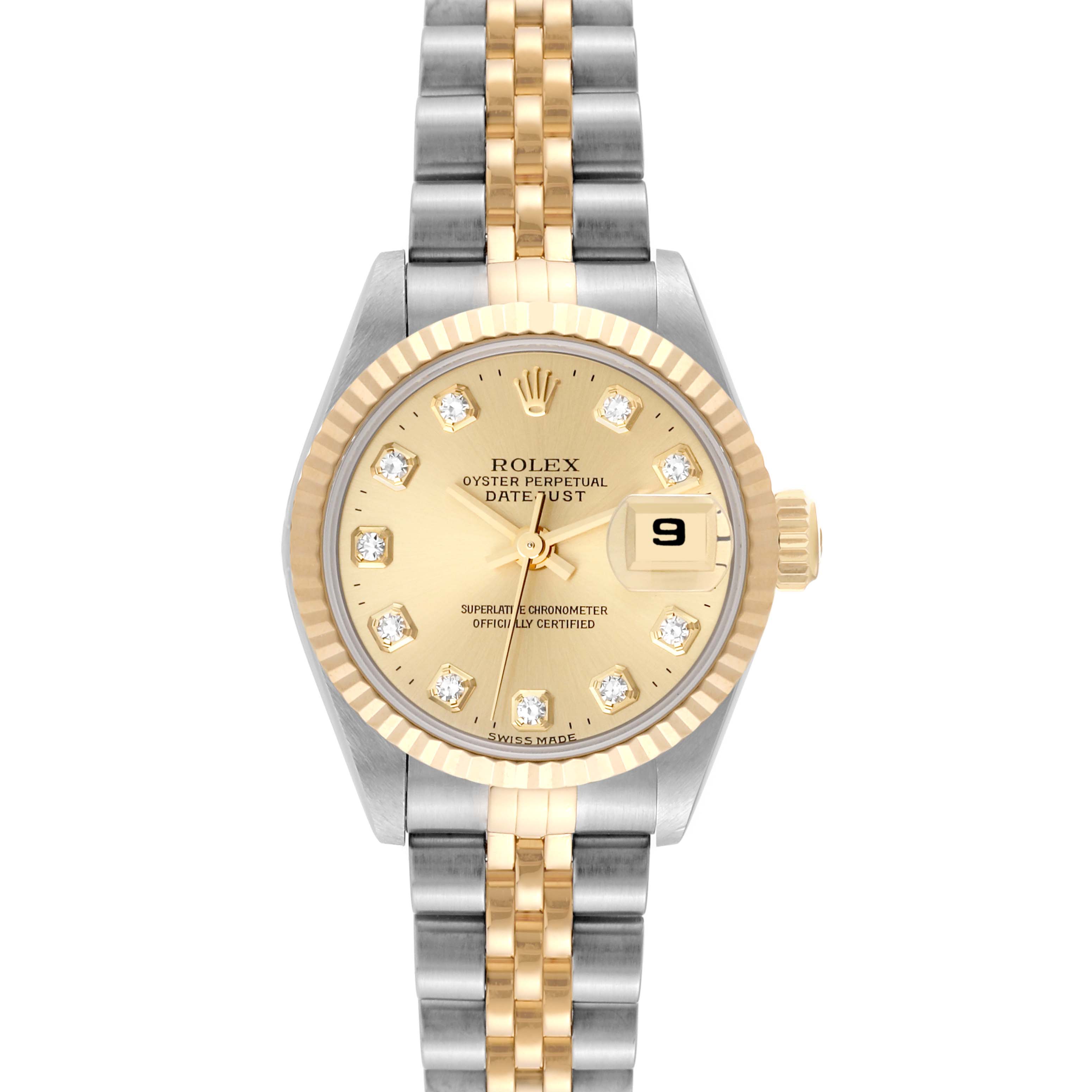 This image shows a Rolex Datejust 69173 Women's Steel and Gold (two tone) Champagne Dial 69173 Women's Steel and Gold (two tone) Champagne Dial watch from a front view, highlighting its two-tone bracelet, gold dial, and date window.