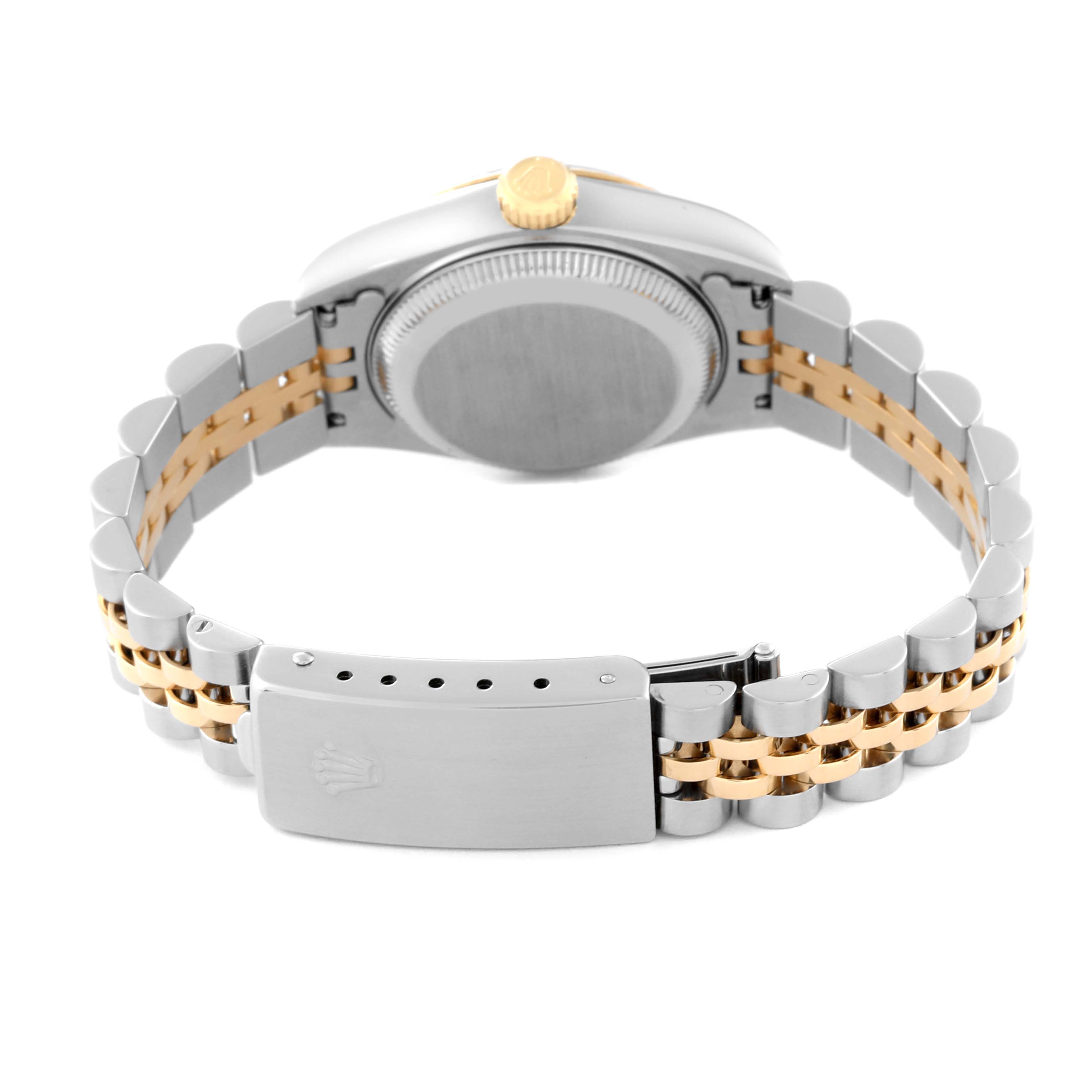 This image shows the back view of a Rolex Datejust 69173 Women's Steel and Gold (two tone) Champagne Dial 69173 Women's Steel and Gold (two tone) Champagne Dial watch, focusing on the clasp, bracelet, and case back.