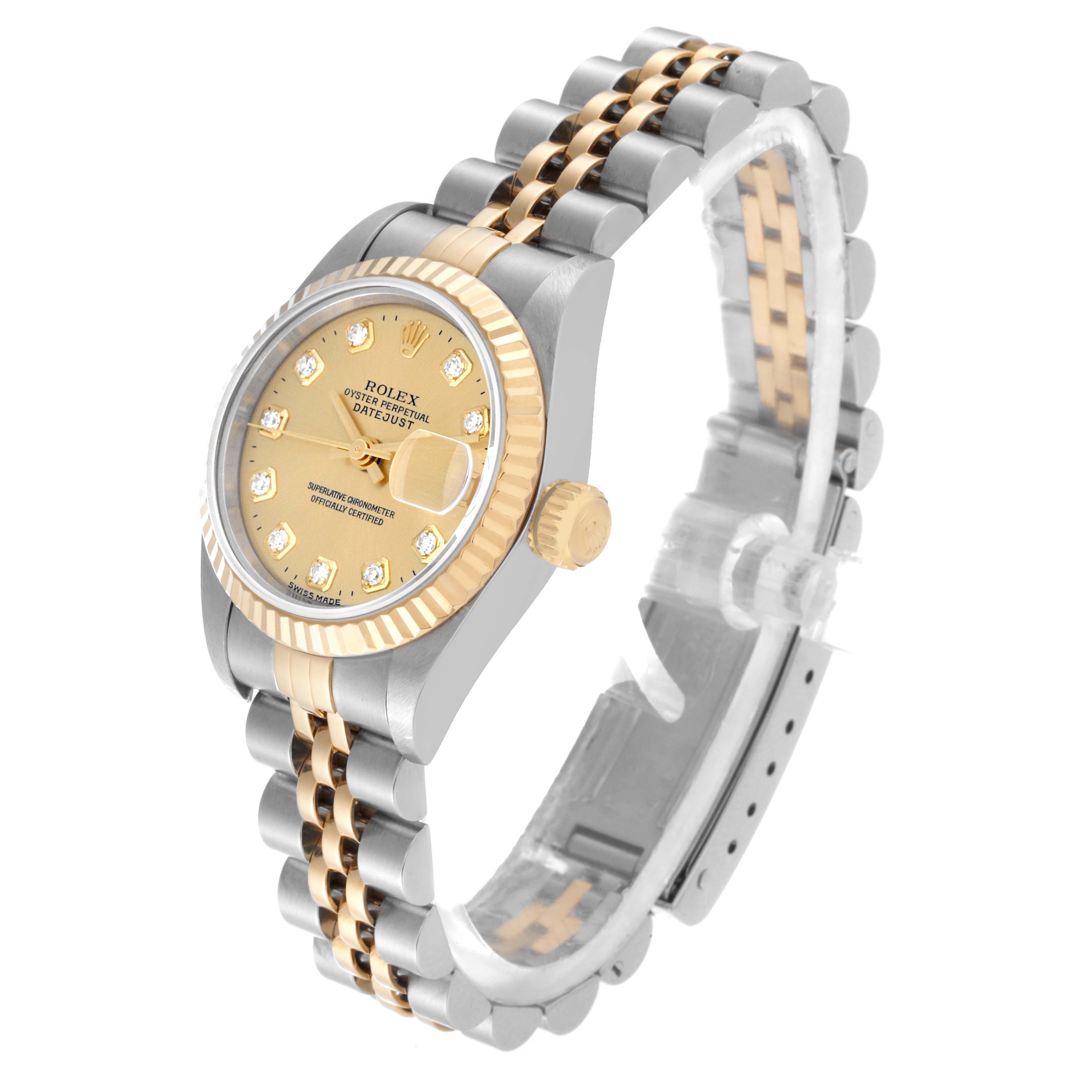 The image shows a Rolex Datejust 69173 Women's Steel and Gold (two tone) Champagne Dial 69173 Women's Steel and Gold (two tone) Champagne Dial watch at a three-quarter angle, highlighting the two-tone band, crown, and dial with diamond hour markers.