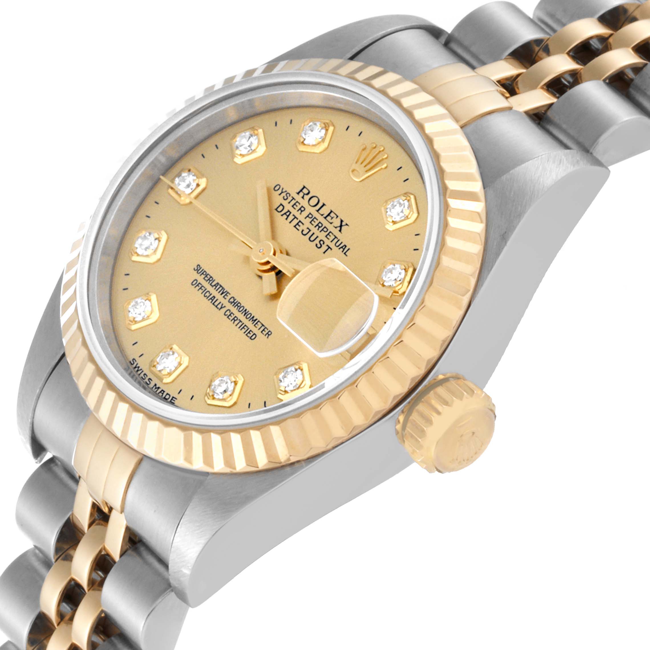 The image shows a Rolex Datejust 69173 Women's Steel and Gold (two tone) Champagne Dial 69173 Women's Steel and Gold (two tone) Champagne Dial watch at a slight angle, highlighting the dial, bezel, crown, and part of the bracelet.