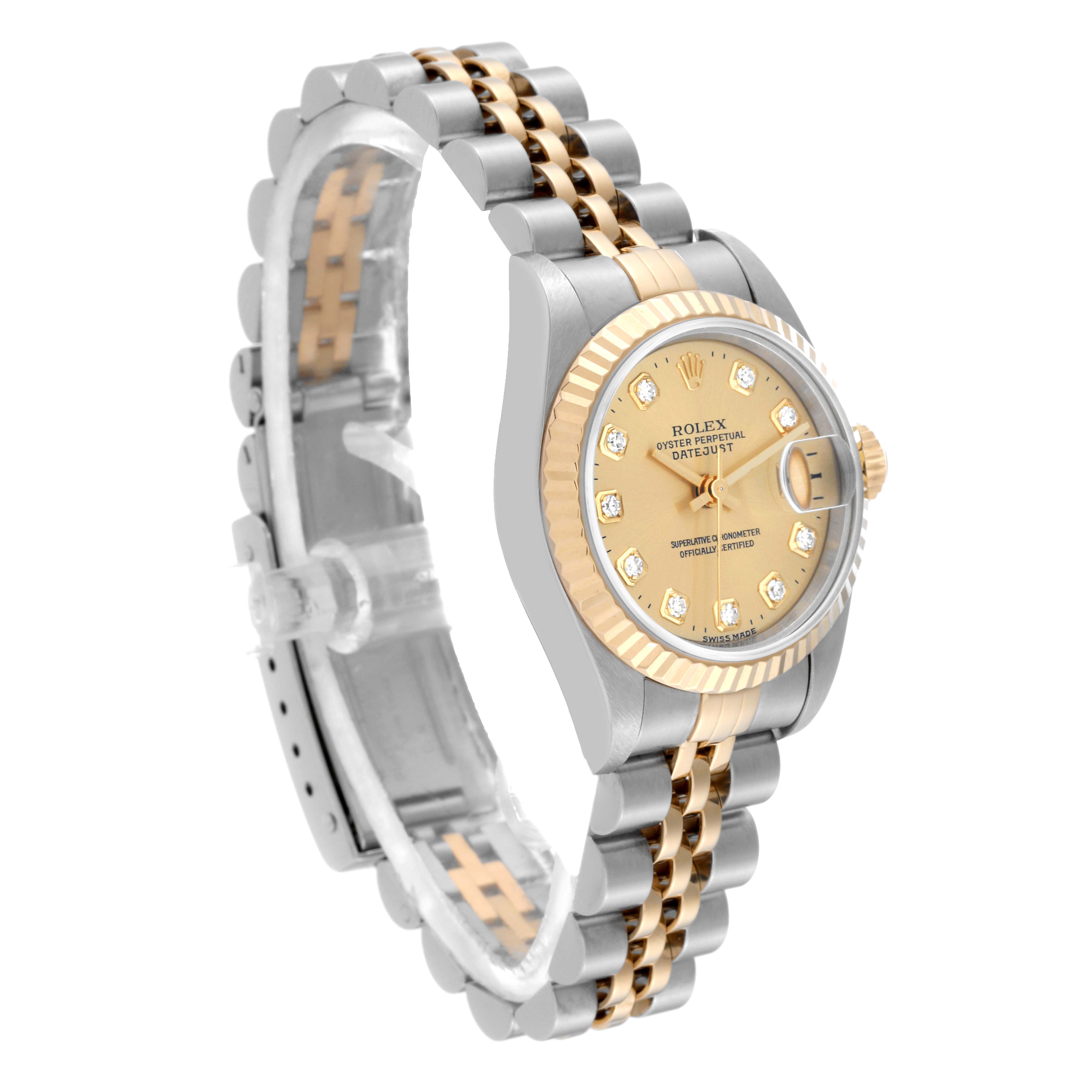 The image shows a Rolex Datejust 69173 Women's Steel and Gold (two tone) Champagne Dial 69173 Women's Steel and Gold (two tone) Champagne Dial watch from an angled front view, displaying its face, bezel, and bracelet.
