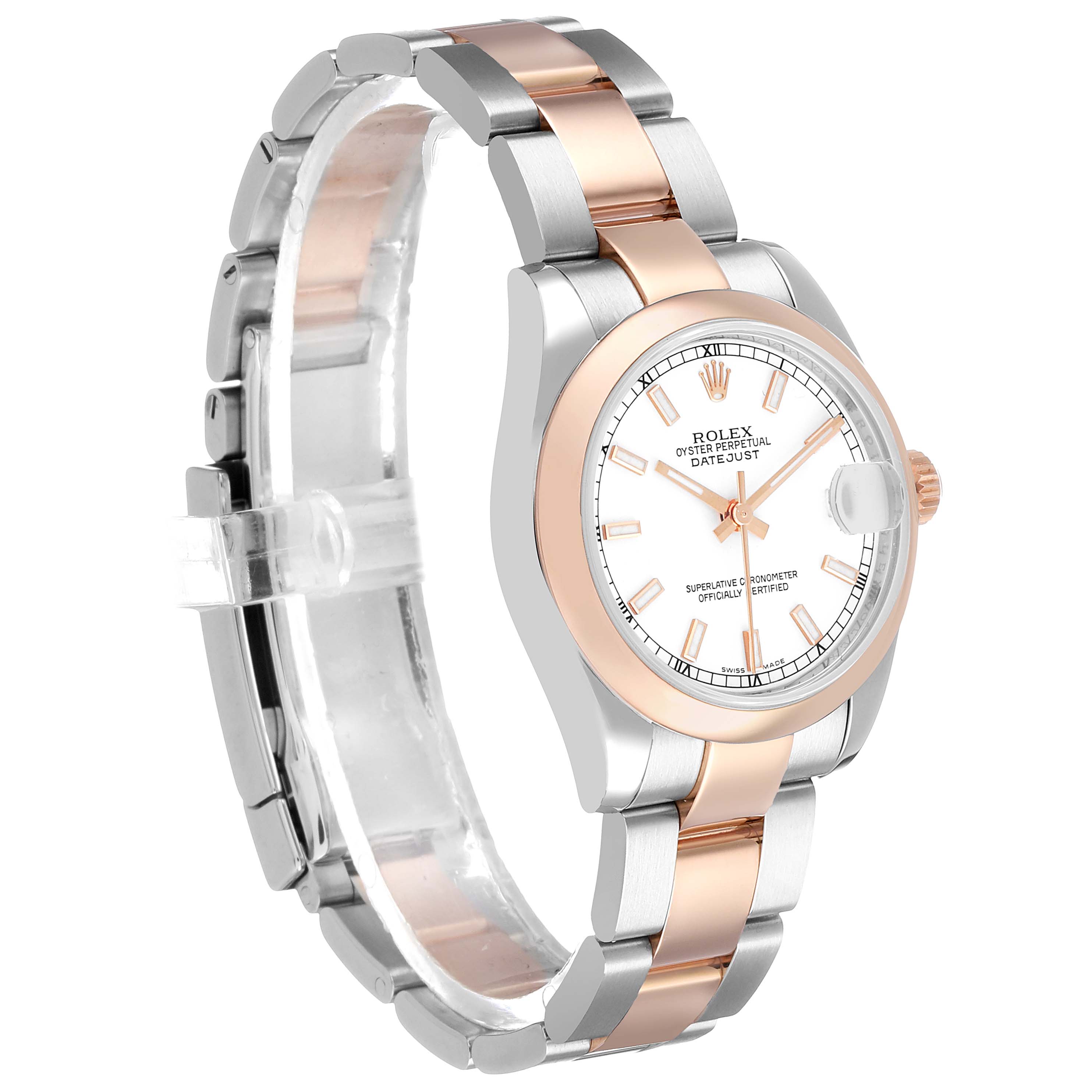 The Rolex Datejust 178241 Women's Steel and Gold (two tone) White Dial watch is shown at a 3/4 angle, highlighting the face, bezel, and two-tone bracelet.