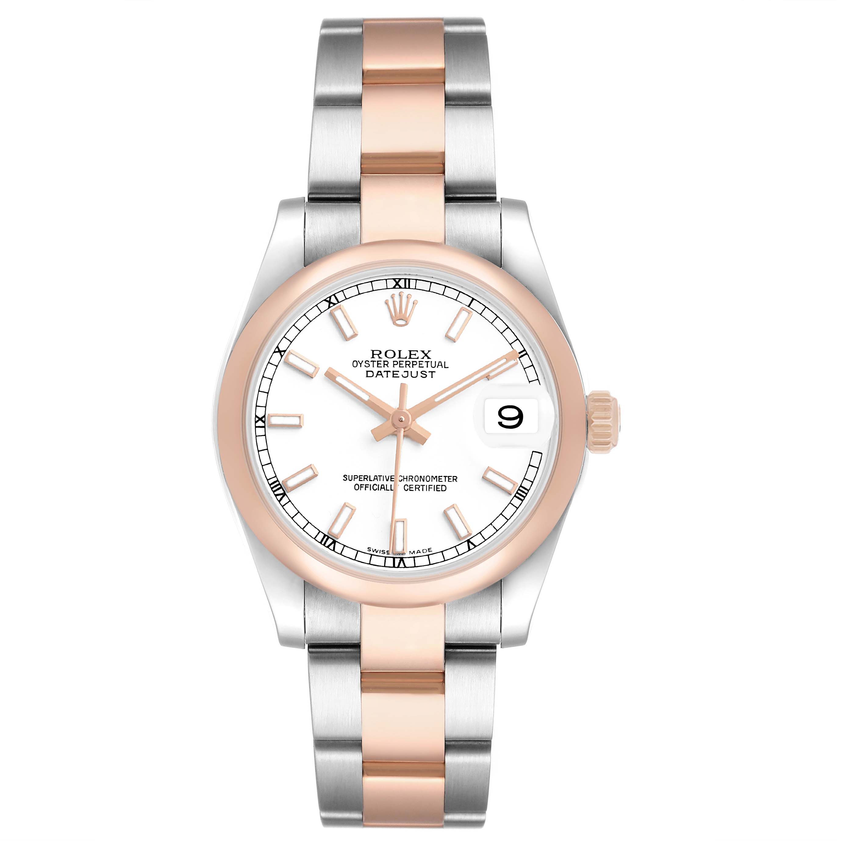 The Rolex Datejust 178241 Women's Steel and Gold (two tone) White Dial watch is shown from a top-down angle, displaying its face, bezel, bracelet, and date window.