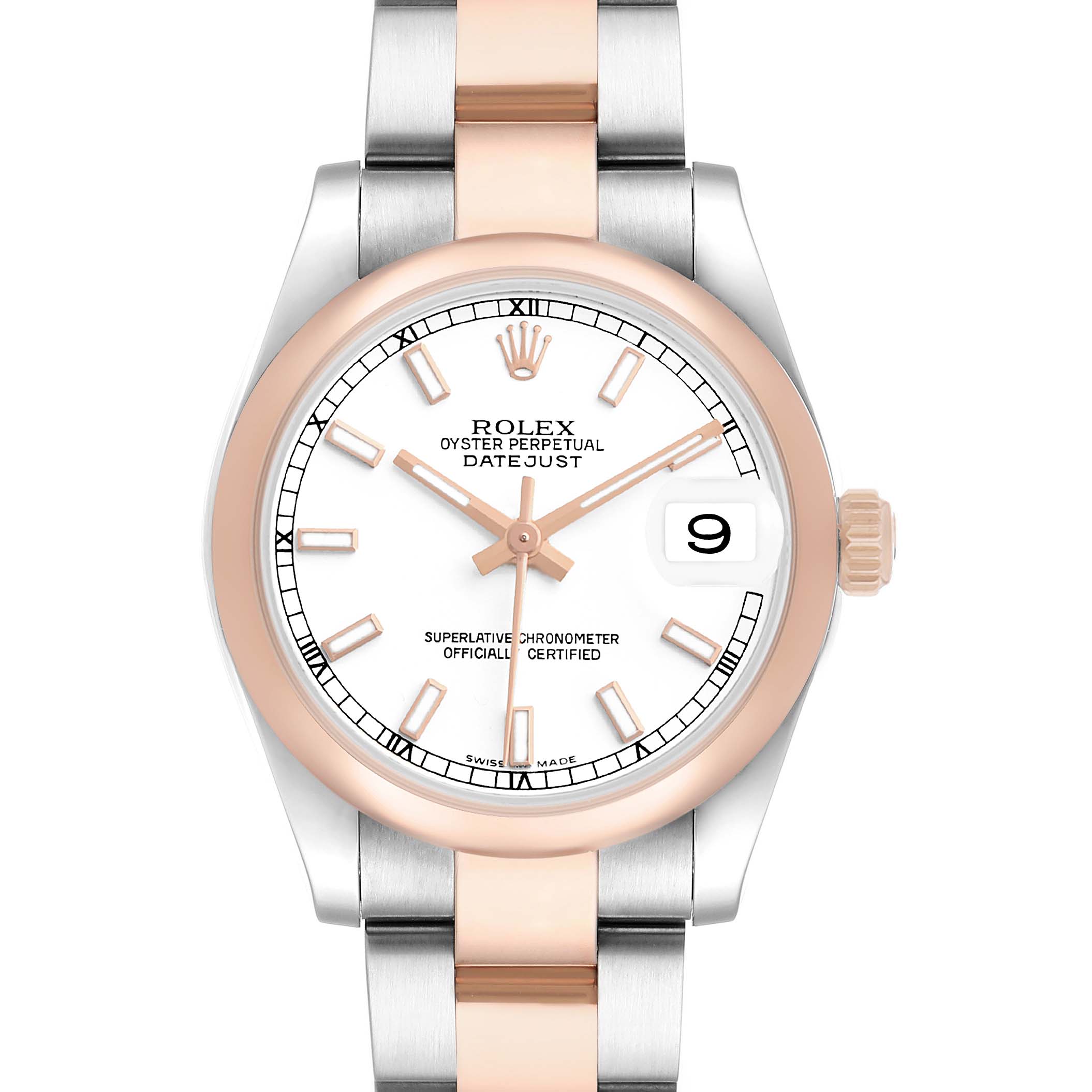 The Rolex Datejust 178241 Women's Steel and Gold (two tone) White Dial watch is shown from the front, detailing the dial, bezel, hands, bracelet, and date window.