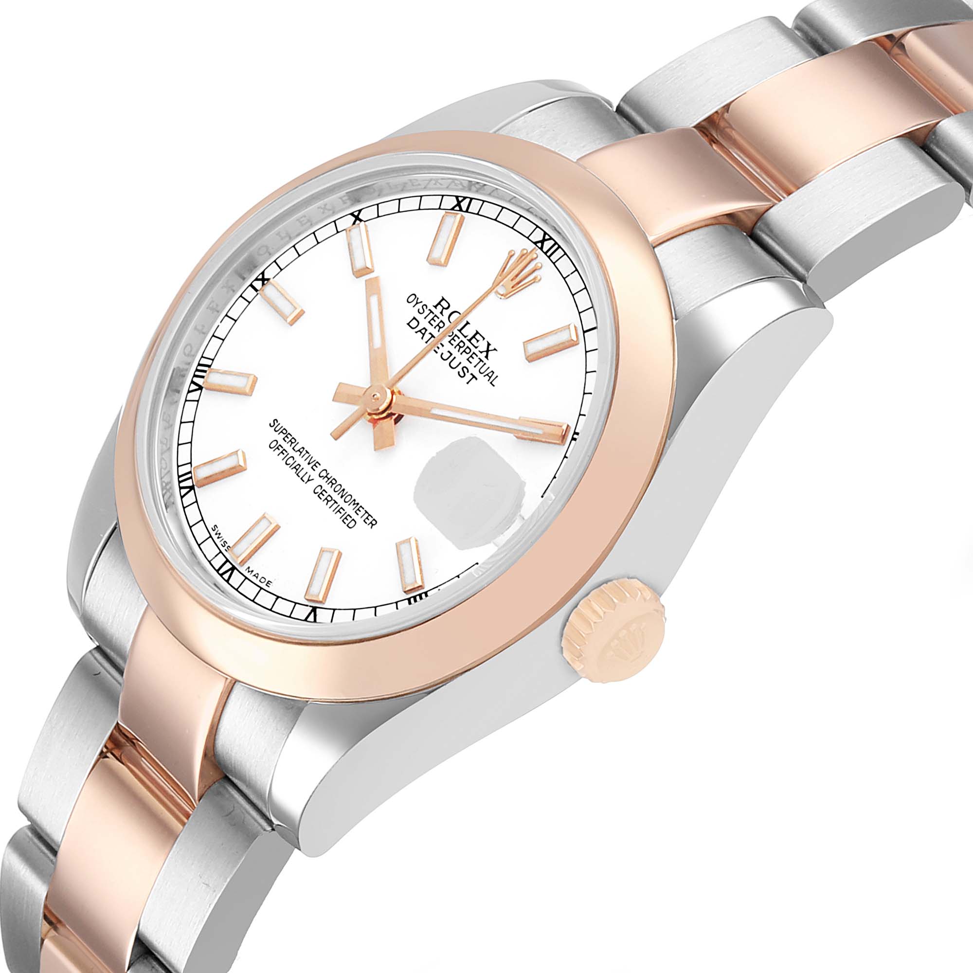 The Rolex Datejust 178241 Women's Steel and Gold (two tone) White Dial watch is shown at an angled side view, highlighting the dial, case, bezel, crown, and bracelet.