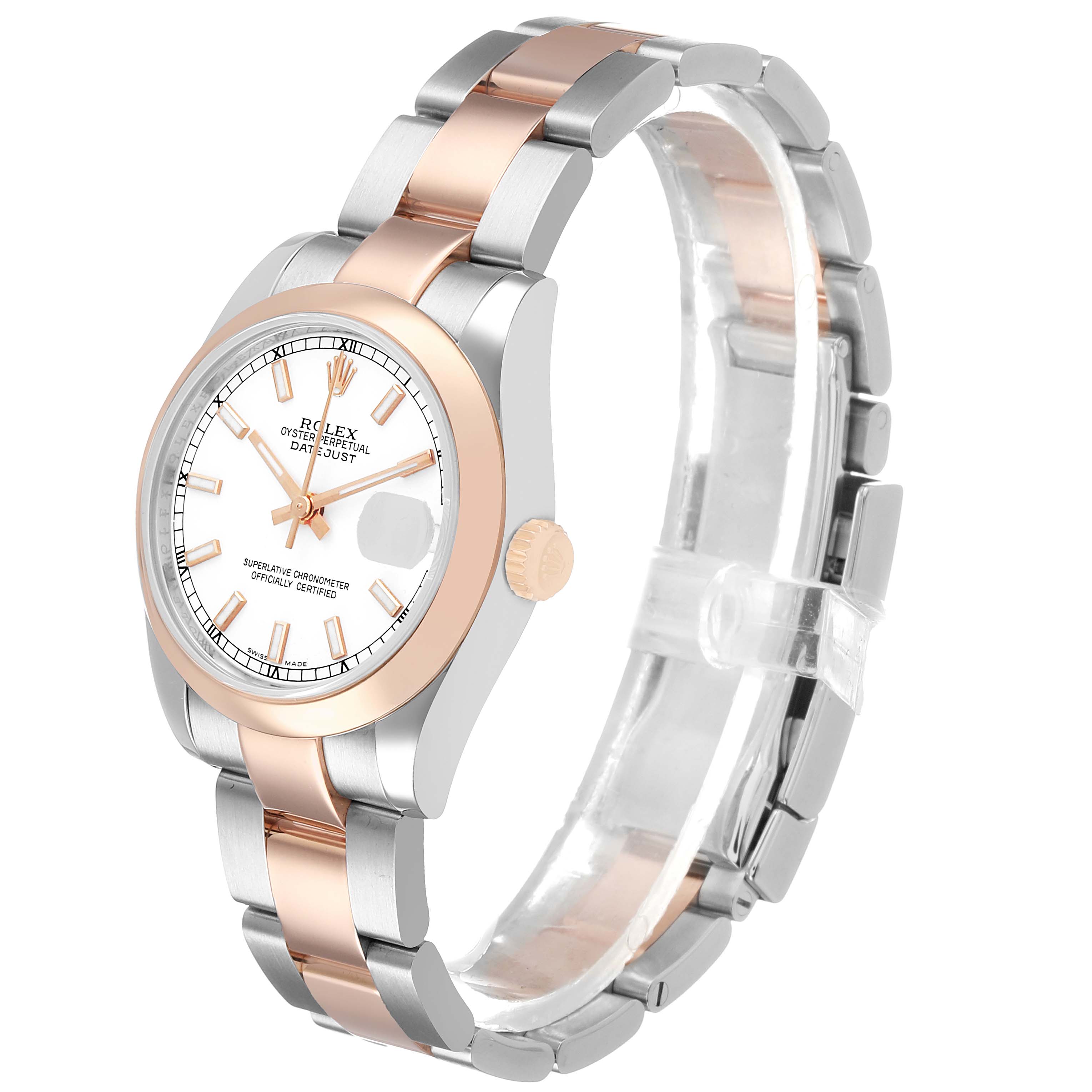 The image shows a Rolex Datejust 178241 Women's Steel and Gold (two tone) White Dial watch at a three-quarter angle, highlighting its dial, bezel, crown, and bracelet.