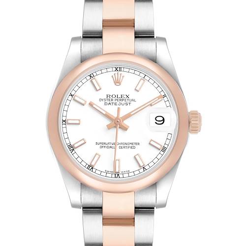 The Rolex Datejust 178241 Women's Steel and Gold (two tone) White Dial watch is shown from the front, displaying the dial, bezel, crown, and bracelet.