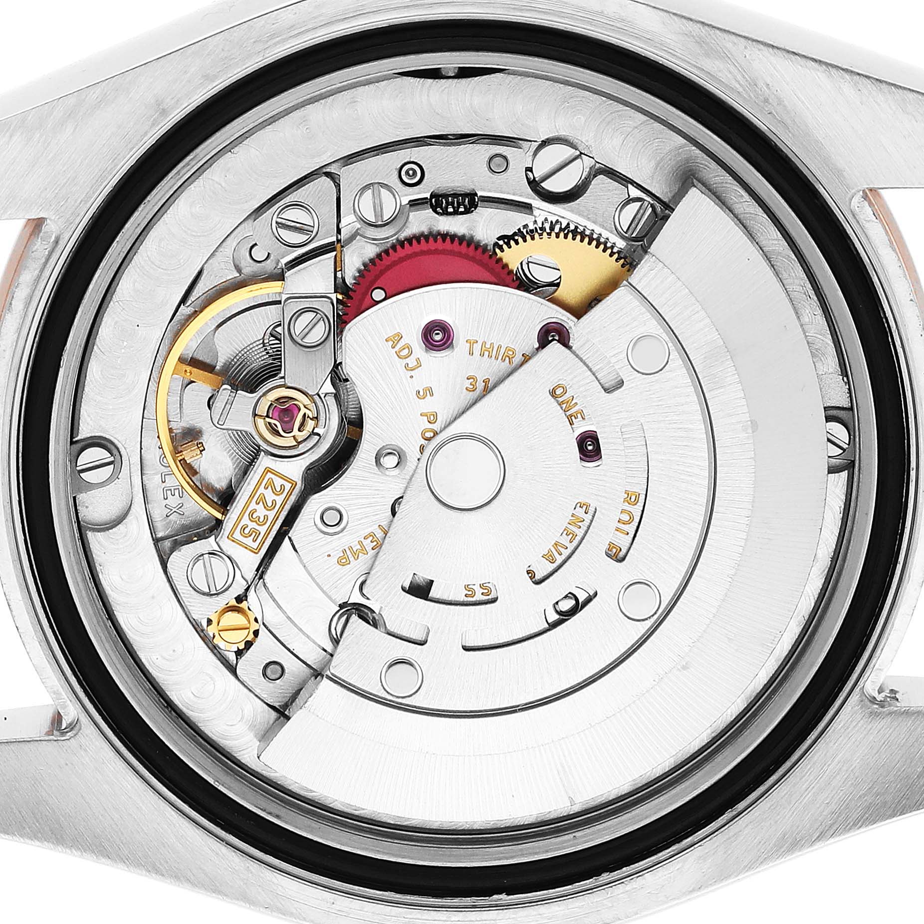 The image shows the movement mechanism of a Rolex Datejust 178241 Women's Steel and Gold (two tone) White Dial watch from the back angle.