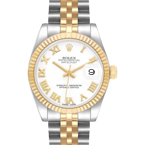The image shows a Rolex Datejust 178273 Women's Steel and Gold (two tone) White Dial watch from the front, displaying its two-tone bracelet, fluted bezel, dial, and date feature.
