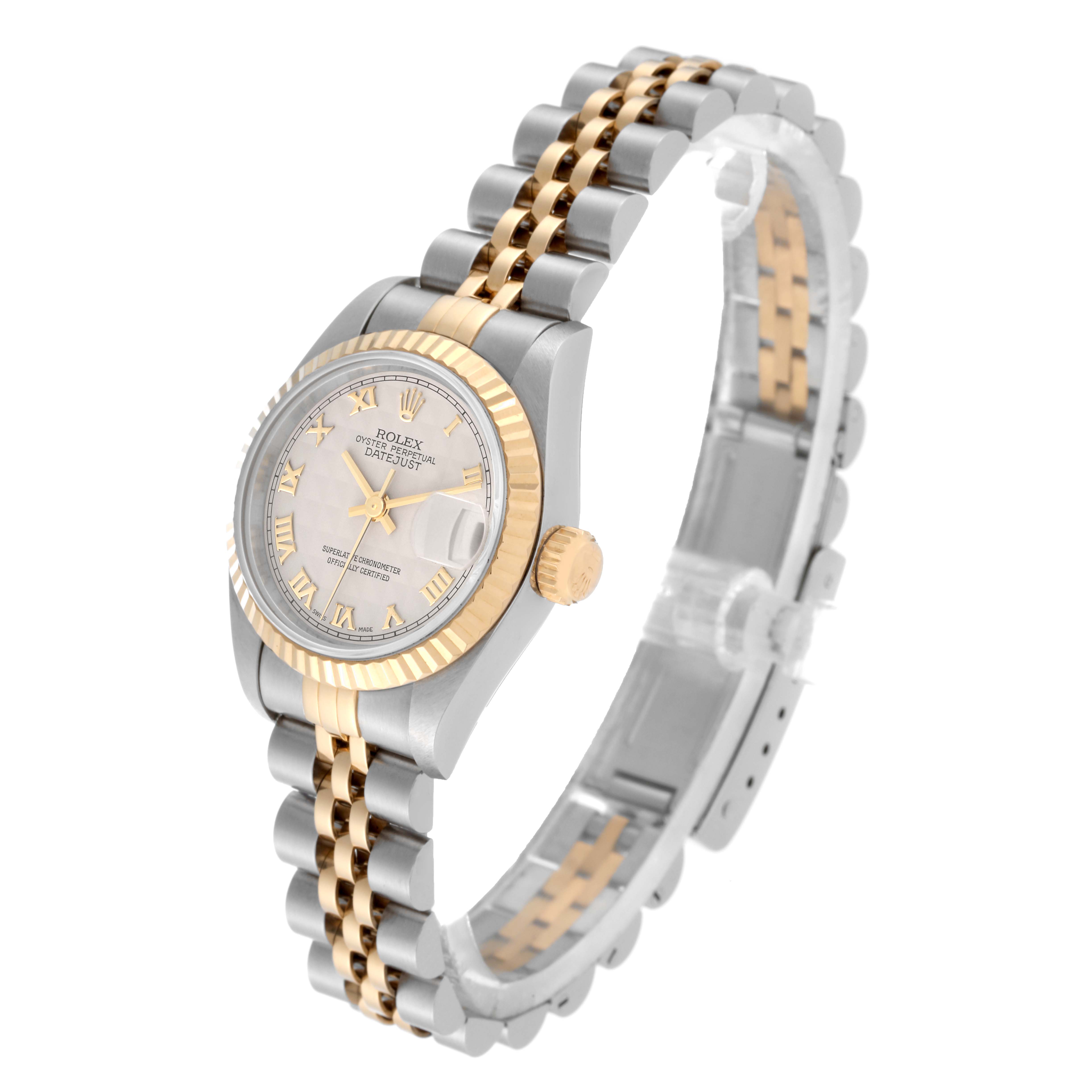 The image shows a Rolex Datejust 69173 Women's Steel and Gold (two tone) White Dial 69173 Women's Steel and Gold (two tone) White Dial watch at a slight angled view, highlighting its two-tone bracelet, bezel, dial, and crown.