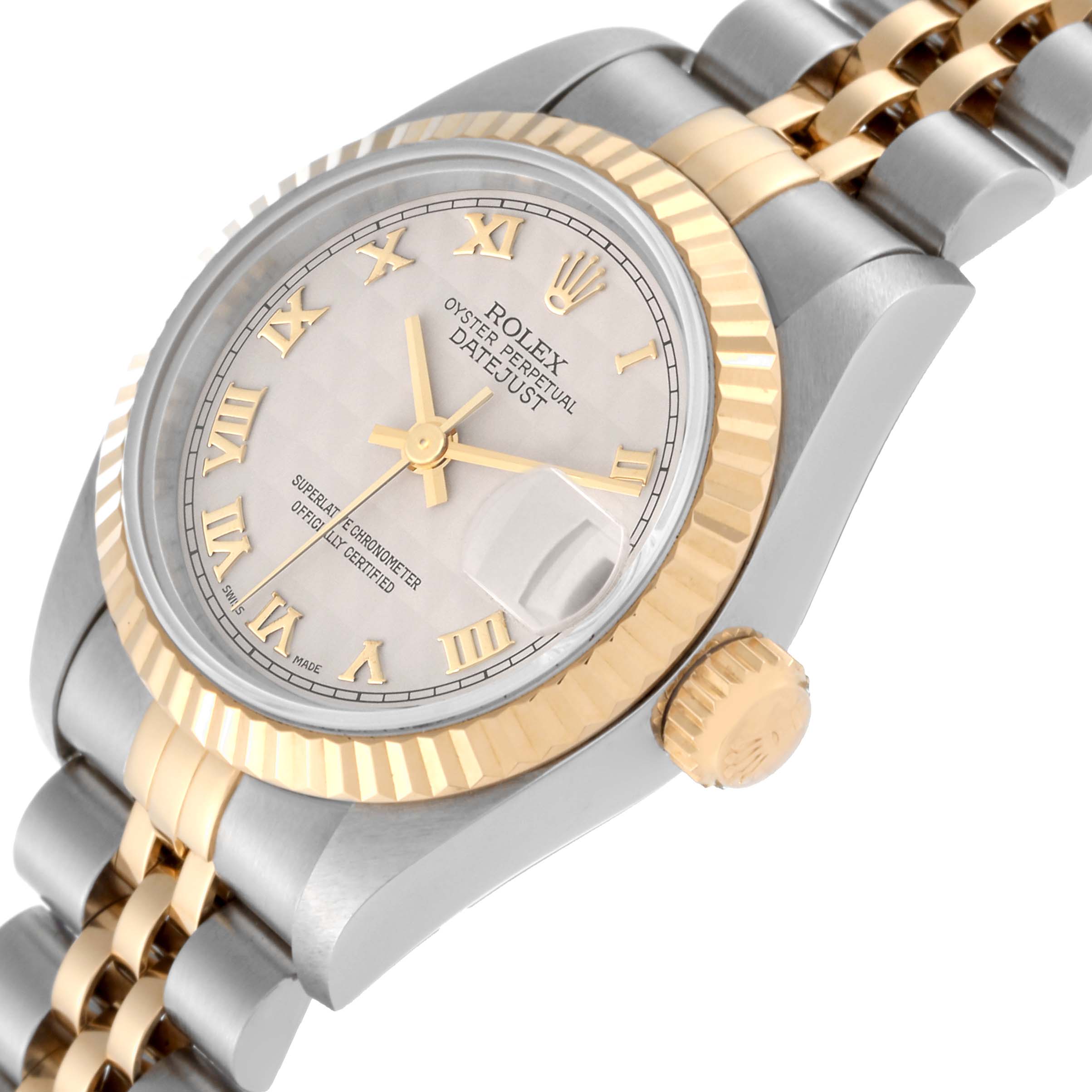 The image shows a Rolex Datejust 69173 Women's Steel and Gold (two tone) White Dial 69173 Women's Steel and Gold (two tone) White Dial watch at an angle highlighting its dial, crown, and two-tone bracelet.