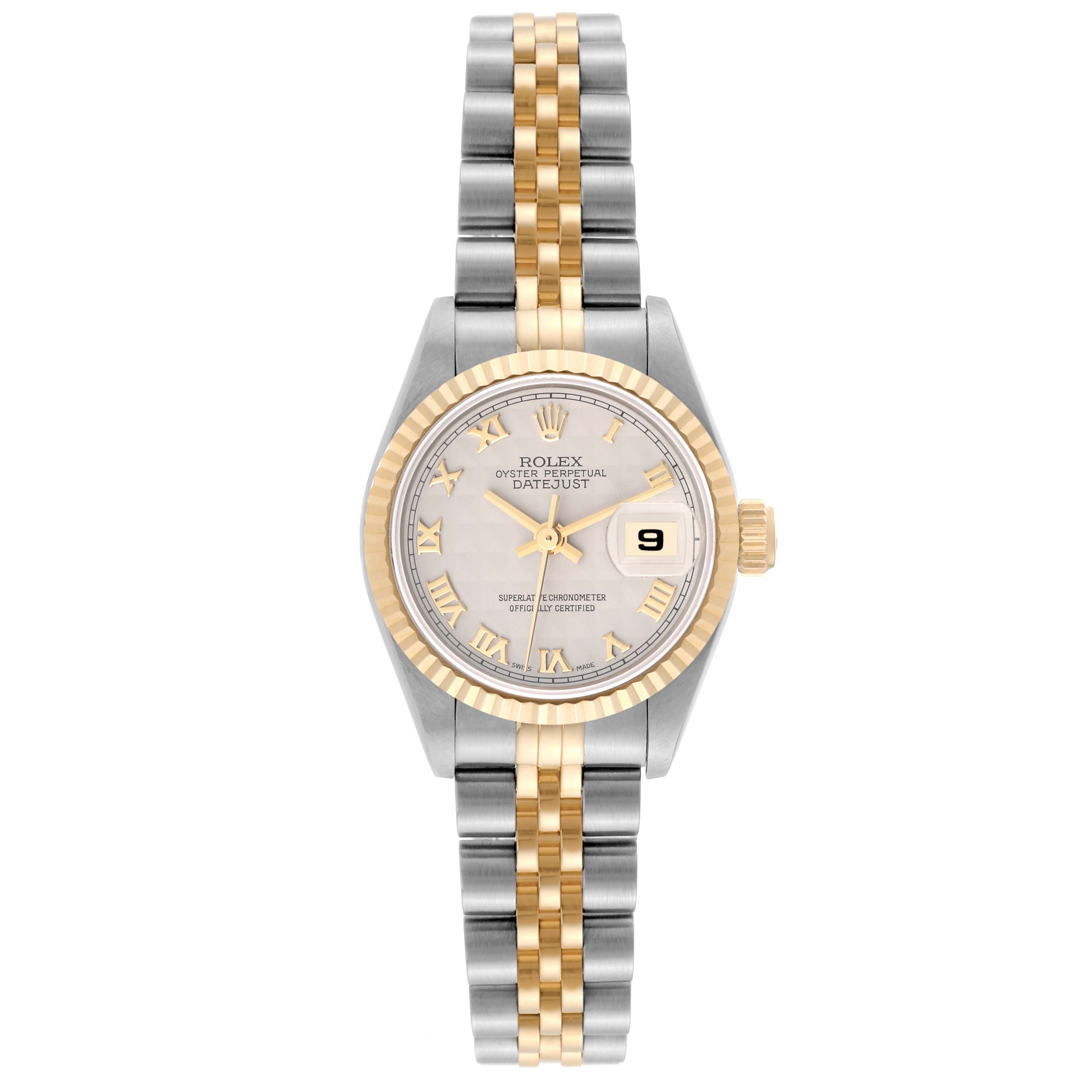 The image shows a Rolex Datejust 69173 Women's Steel and Gold (two tone) White Dial 69173 Women's Steel and Gold (two tone) White Dial watch from the front, highlighting the dial, bezel, and Jubilee bracelet.