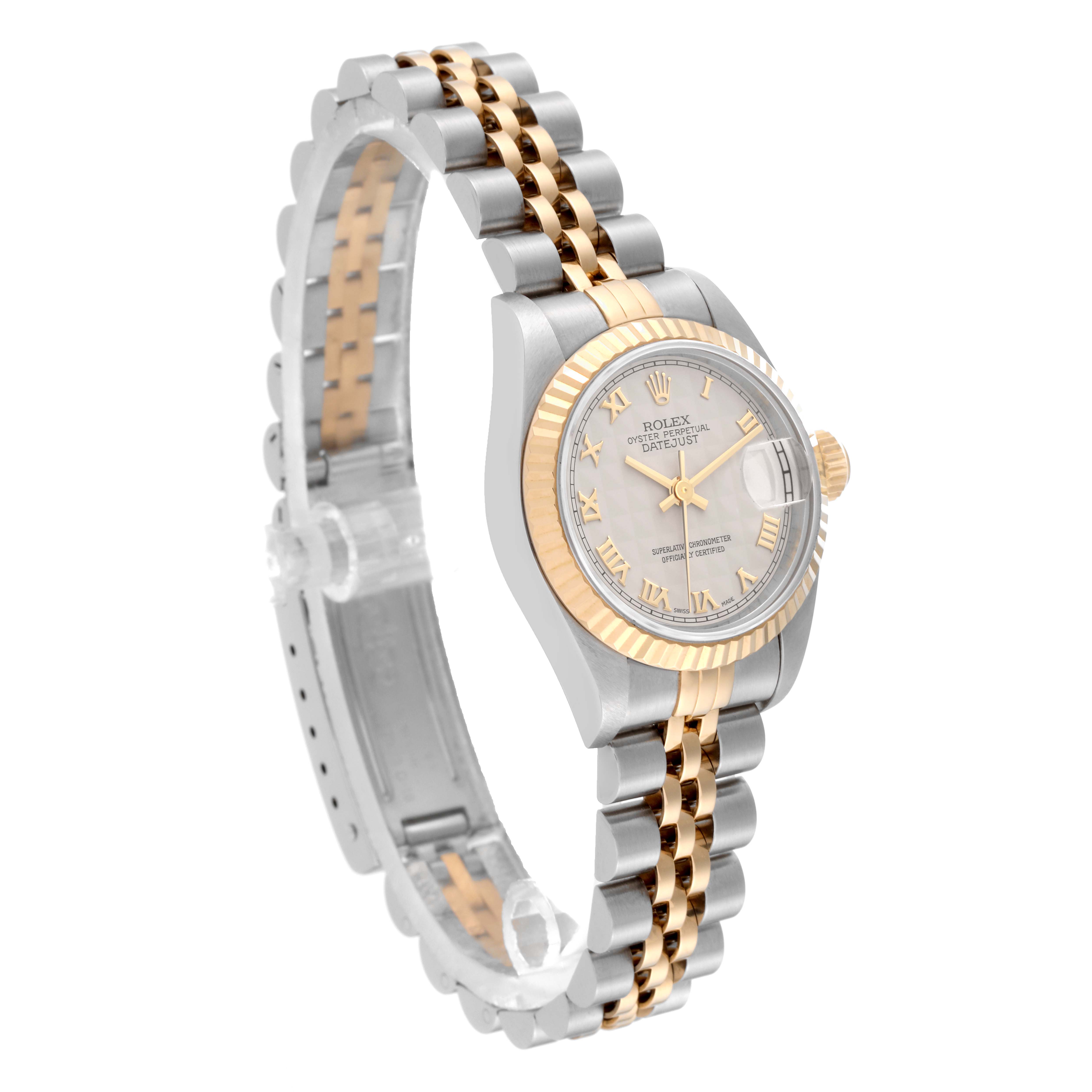 The image shows a side angle of a Rolex Datejust 69173 Women's Steel and Gold (two tone) White Dial 69173 Women's Steel and Gold (two tone) White Dial watch, highlighting the two-tone bracelet, fluted bezel, and face with Roman numerals.