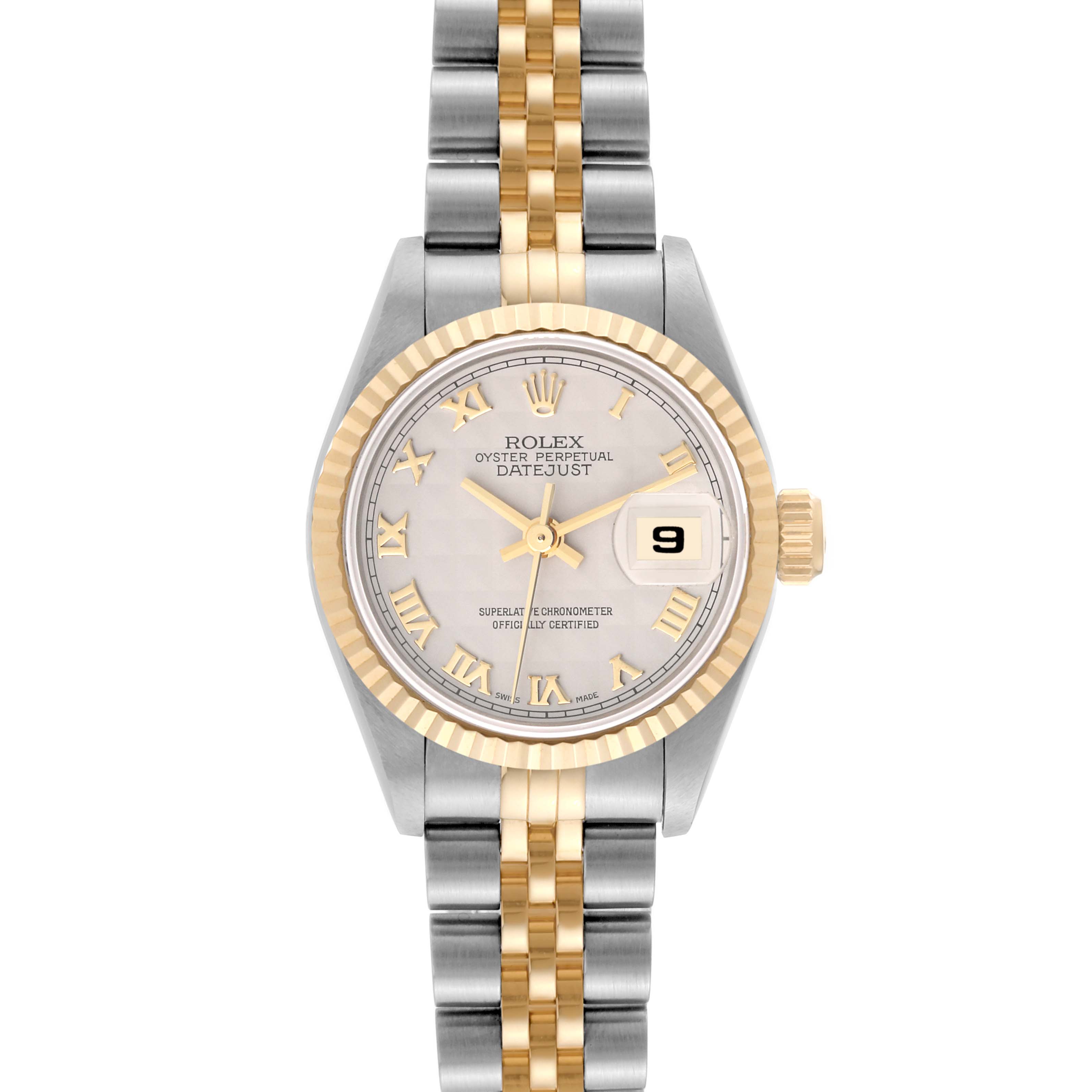 The image shows a front view of a Rolex Datejust 69173 Women's Steel and Gold (two tone) White Dial 69173 Women's Steel and Gold (two tone) White Dial watch, displaying the dial, bezel, case, crown, and bracelet.
