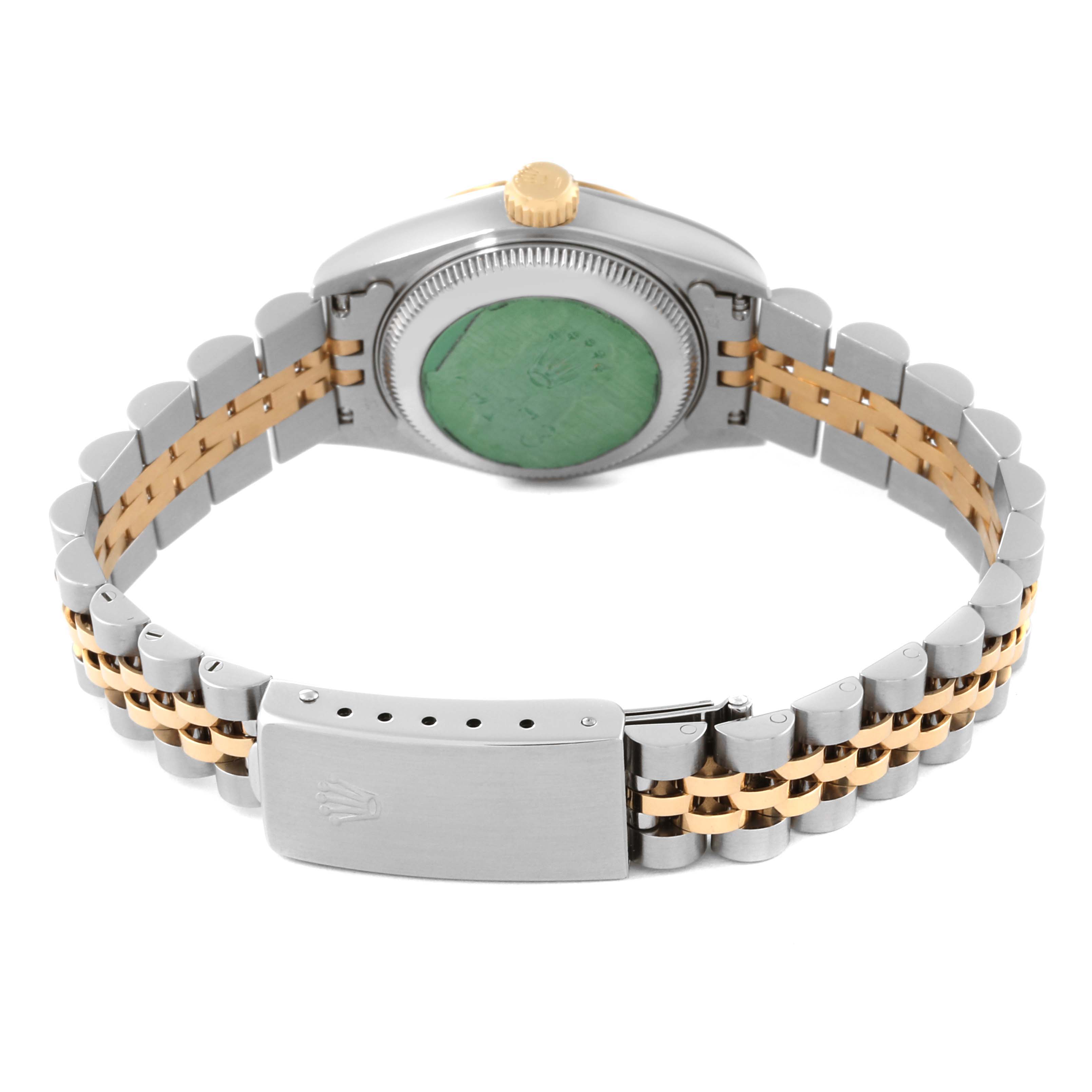 The image shows the back case, crown, and bracelet of the Rolex Datejust 69173 Women's Steel and Gold (two tone) White Dial 69173 Women's Steel and Gold (two tone) White Dial watch from a downward angle.