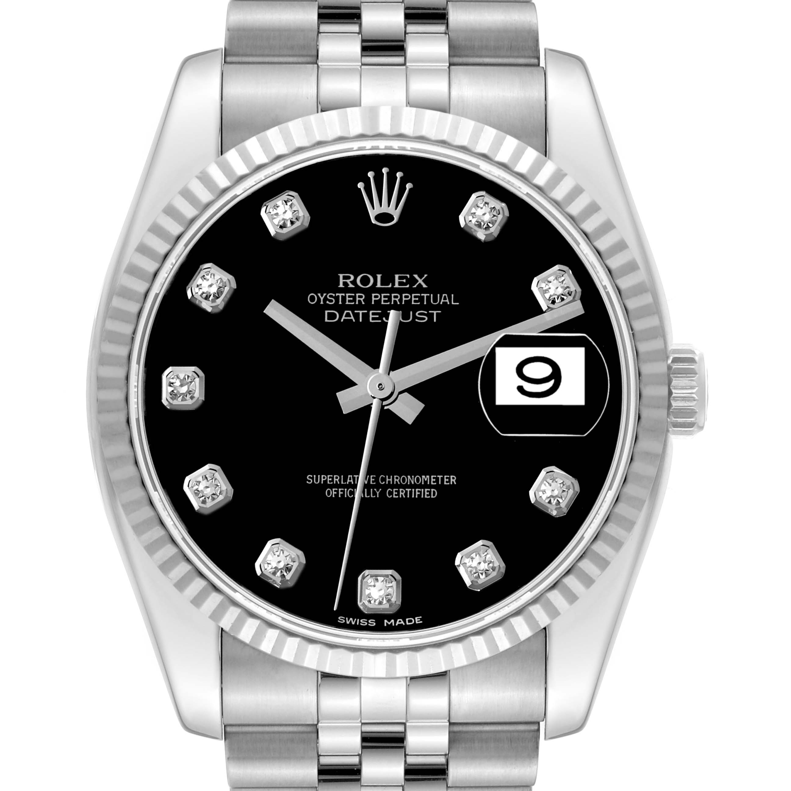 The image shows a front view of the Rolex Datejust 116234 Men's Stainless Steel Black Dial 116234 Men's Stainless Steel Black Dial watch, featuring a black dial, diamond hour markers, date window, and Oyster bracelet.