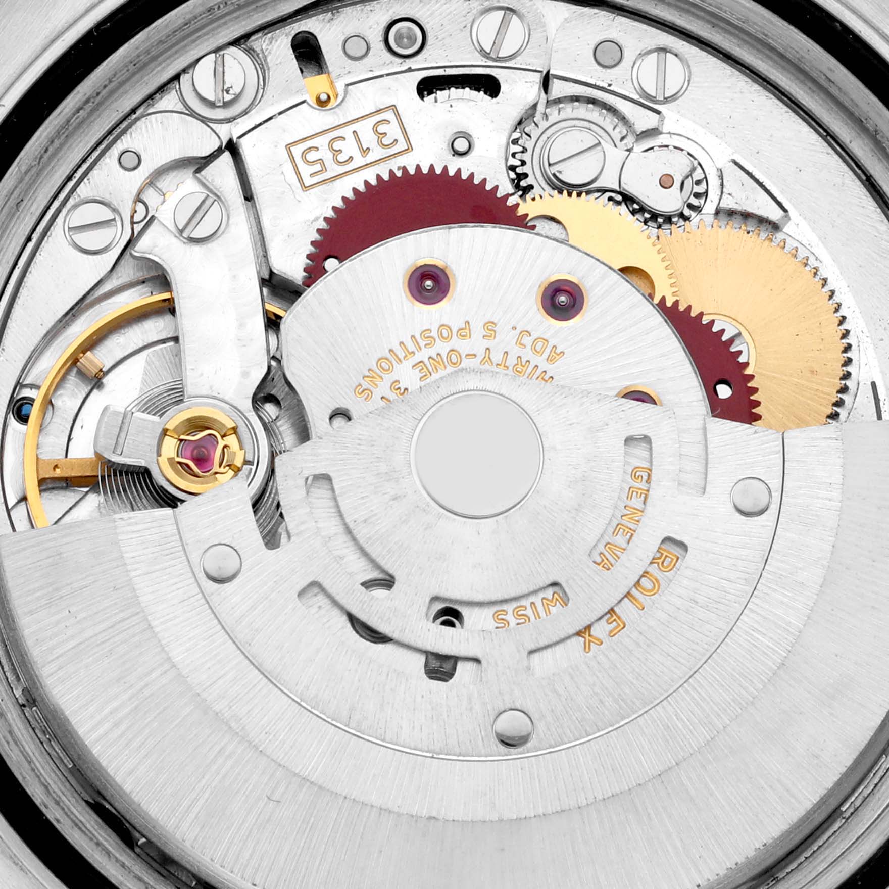 This is a close-up view of the movement mechanism inside a Rolex Datejust 116234 Men's Stainless Steel Black Dial 116234 Men's Stainless Steel Black Dial watch.