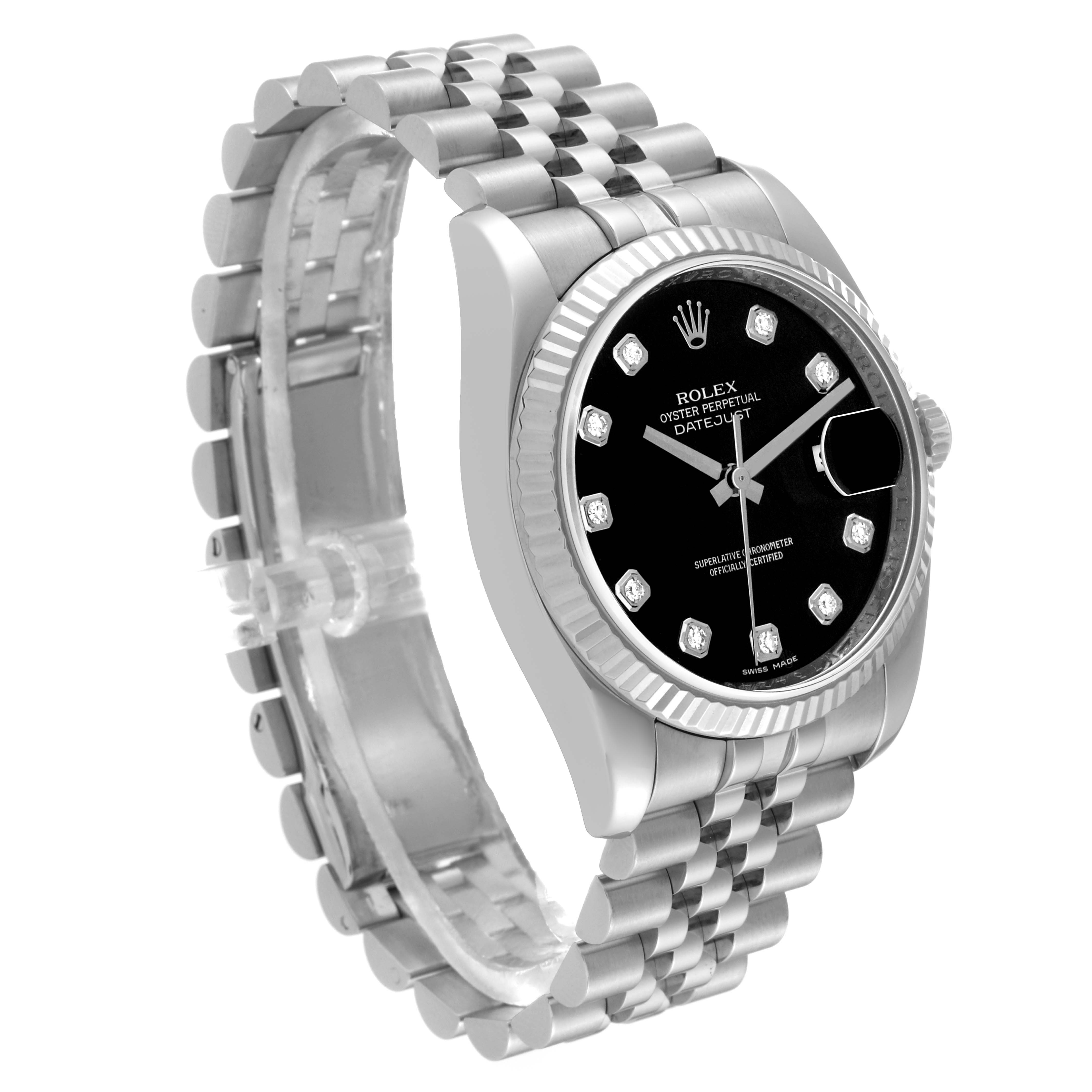 The Rolex Datejust 116234 Men's Stainless Steel Black Dial 116234 Men's Stainless Steel Black Dial watch is shown at a three-quarter angle, displaying the face, bezel, and part of the bracelet.