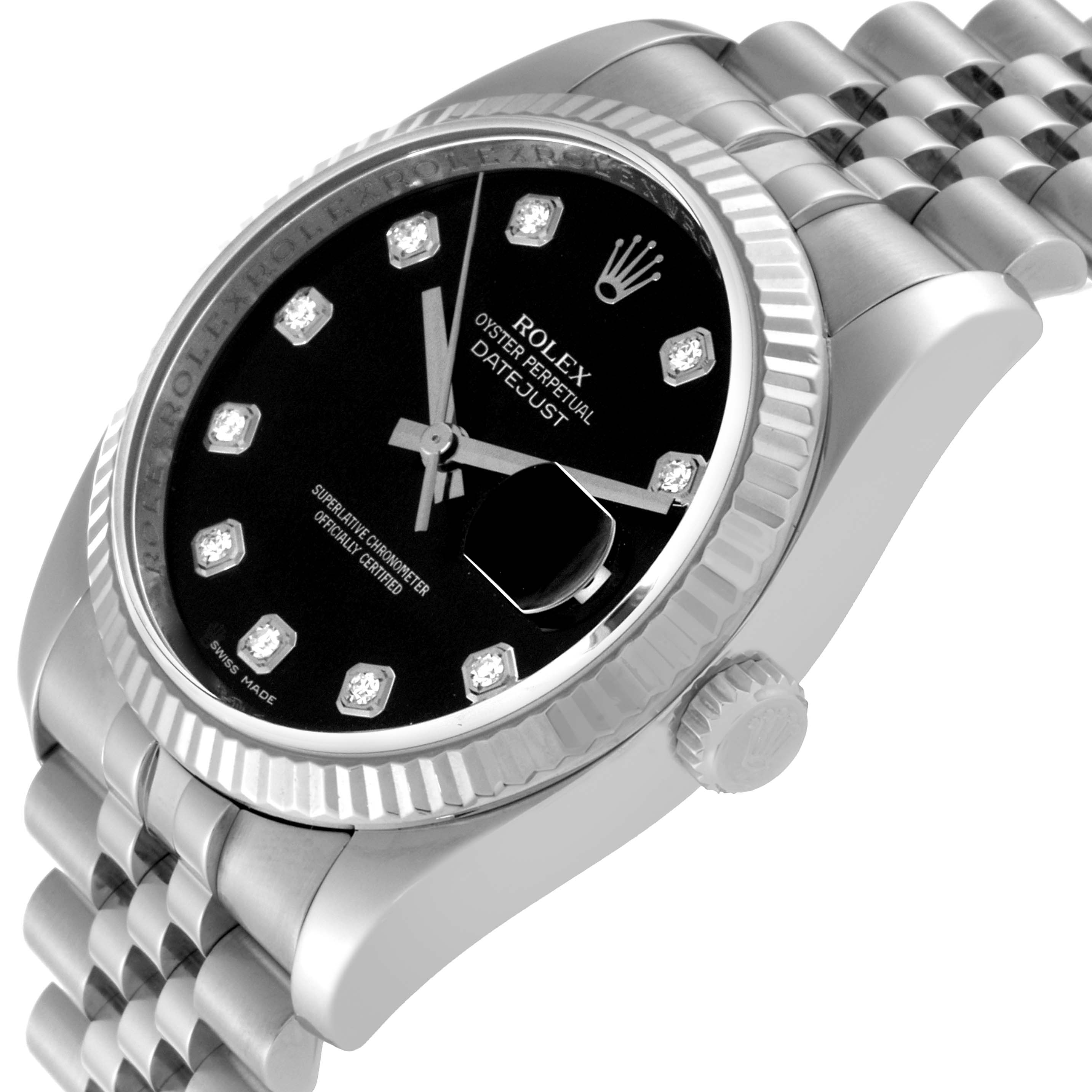 The image shows a Rolex Datejust 116234 Men's Stainless Steel Black Dial 116234 Men's Stainless Steel Black Dial watch from an angled top-down view, featuring the dial, bezel, crown, and bracelet.