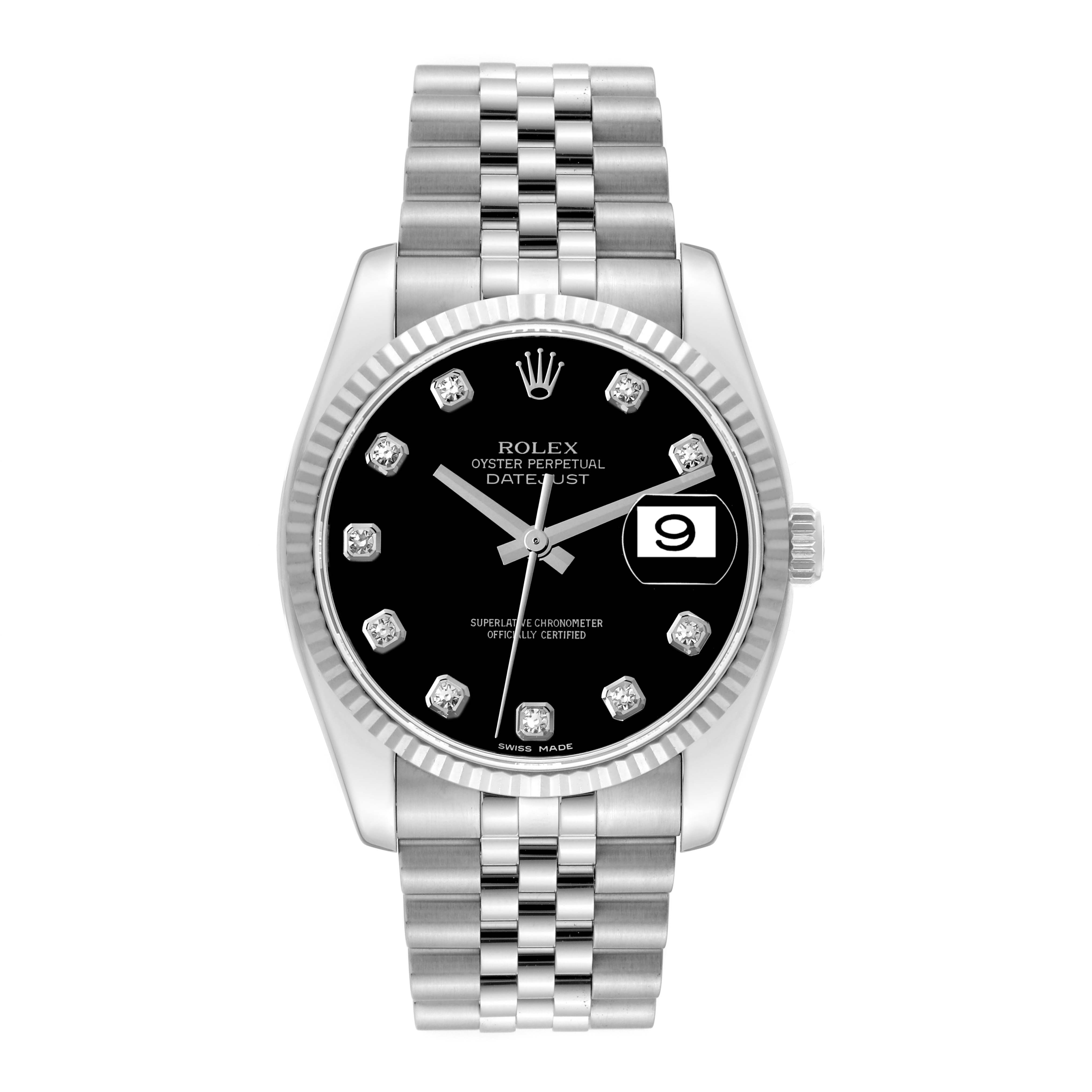 The Rolex Datejust 116234 Men's Stainless Steel Black Dial 116234 Men's Stainless Steel Black Dial watch is shown from a front view, showcasing its black dial, diamond hour markers, date window, and jubilee bracelet.