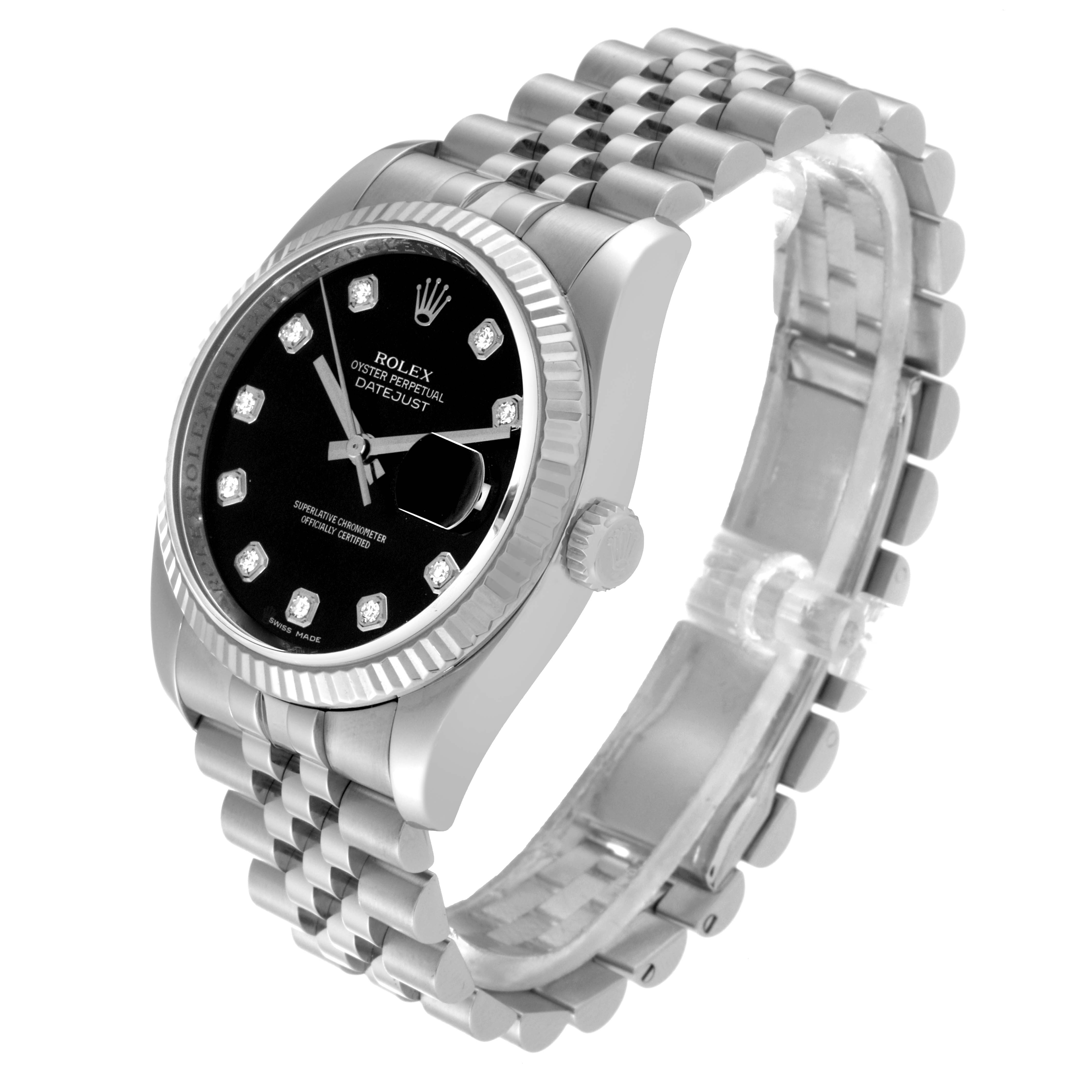 The image shows a Rolex Datejust 116234 Men's Stainless Steel Black Dial 116234 Men's Stainless Steel Black Dial watch from an angled perspective, highlighting its face, bezel, crown, and bracelet.