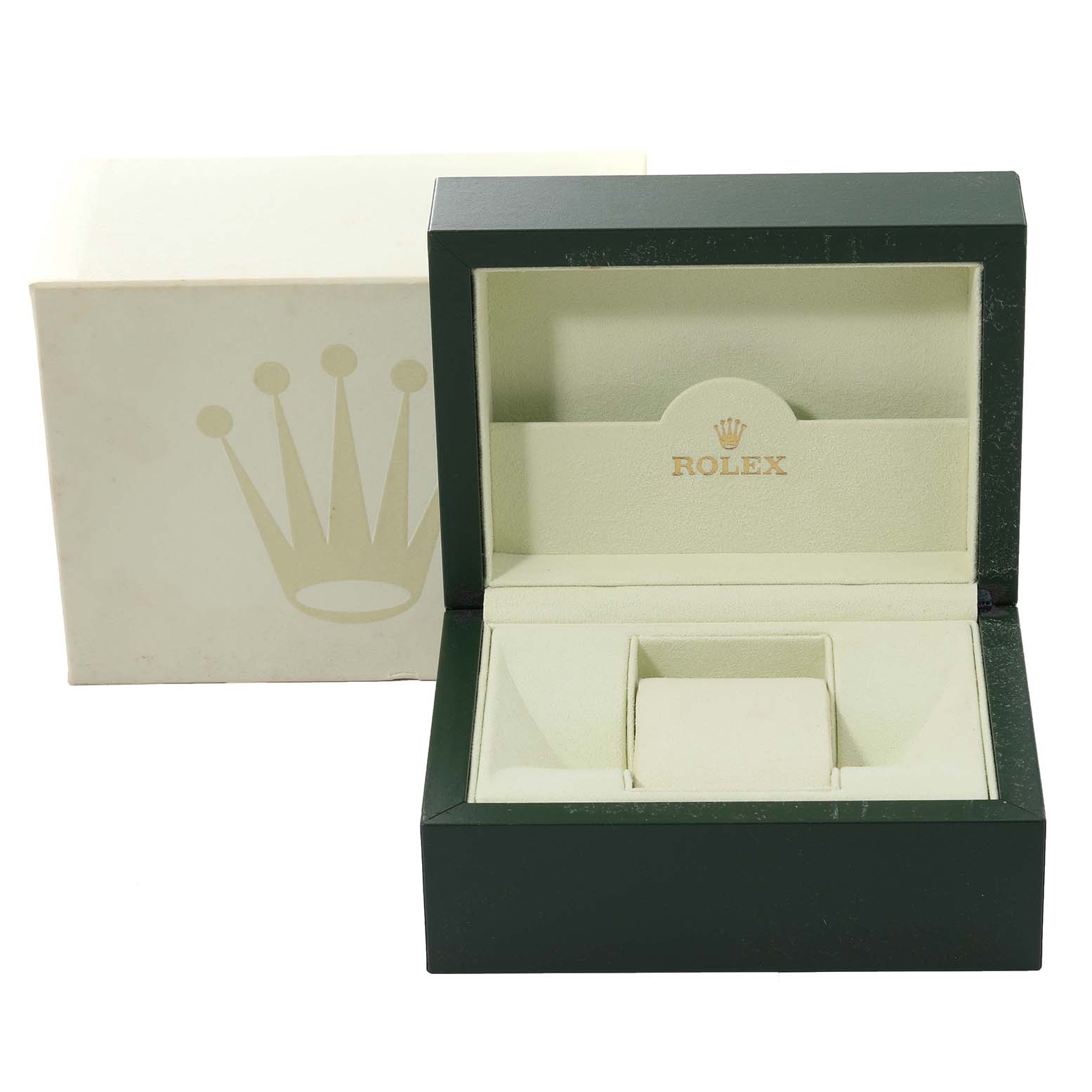 The image shows an open green Rolex Datejust 116234 Men's Stainless Steel Black Dial 116234 Men's Stainless Steel Black Dial watch box with its outer white box, displaying the inner compartments.