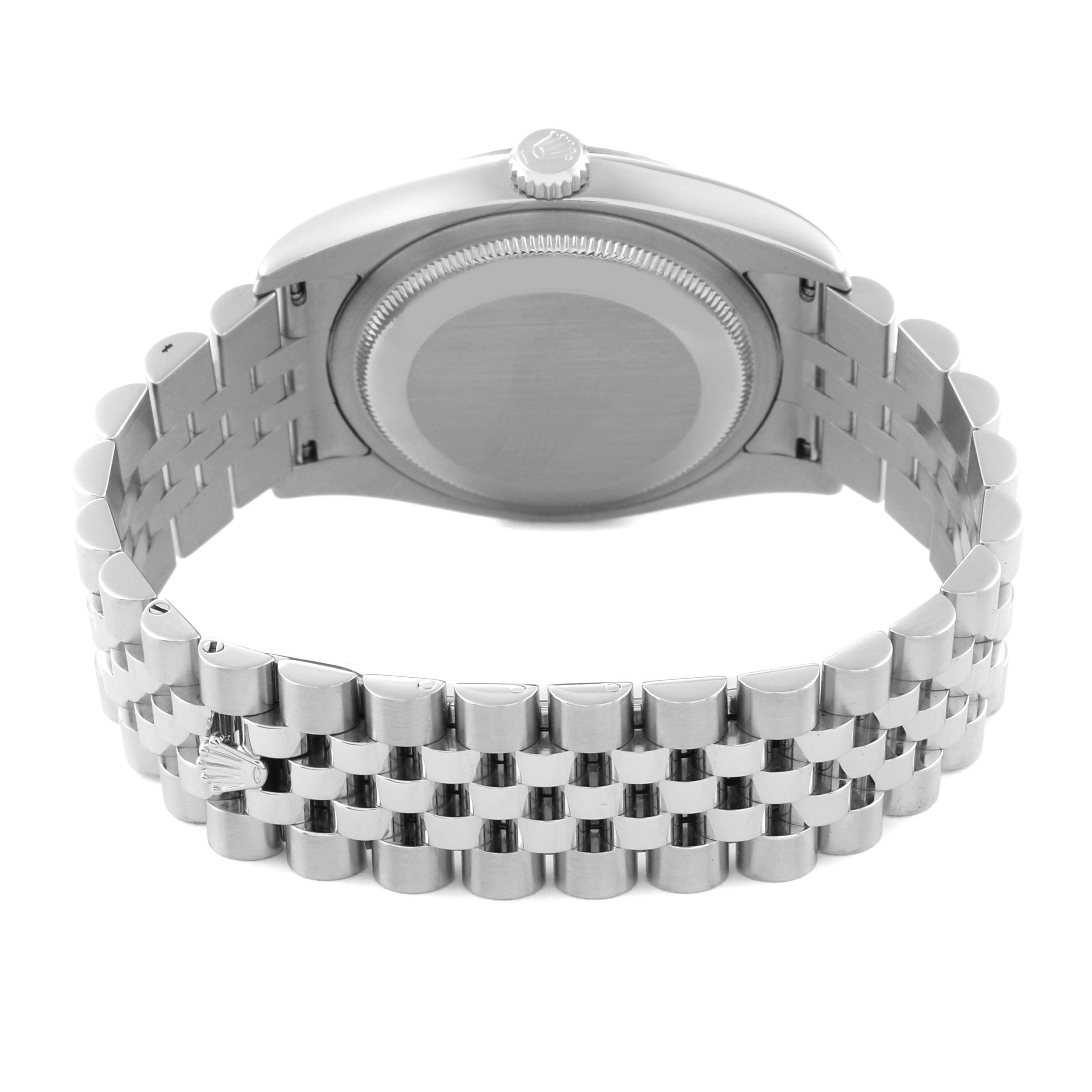 The image shows the back view of a Rolex Datejust 116234 Men's Stainless Steel Black Dial 116234 Men's Stainless Steel Black Dial watch, highlighting the case back and Jubilee bracelet.