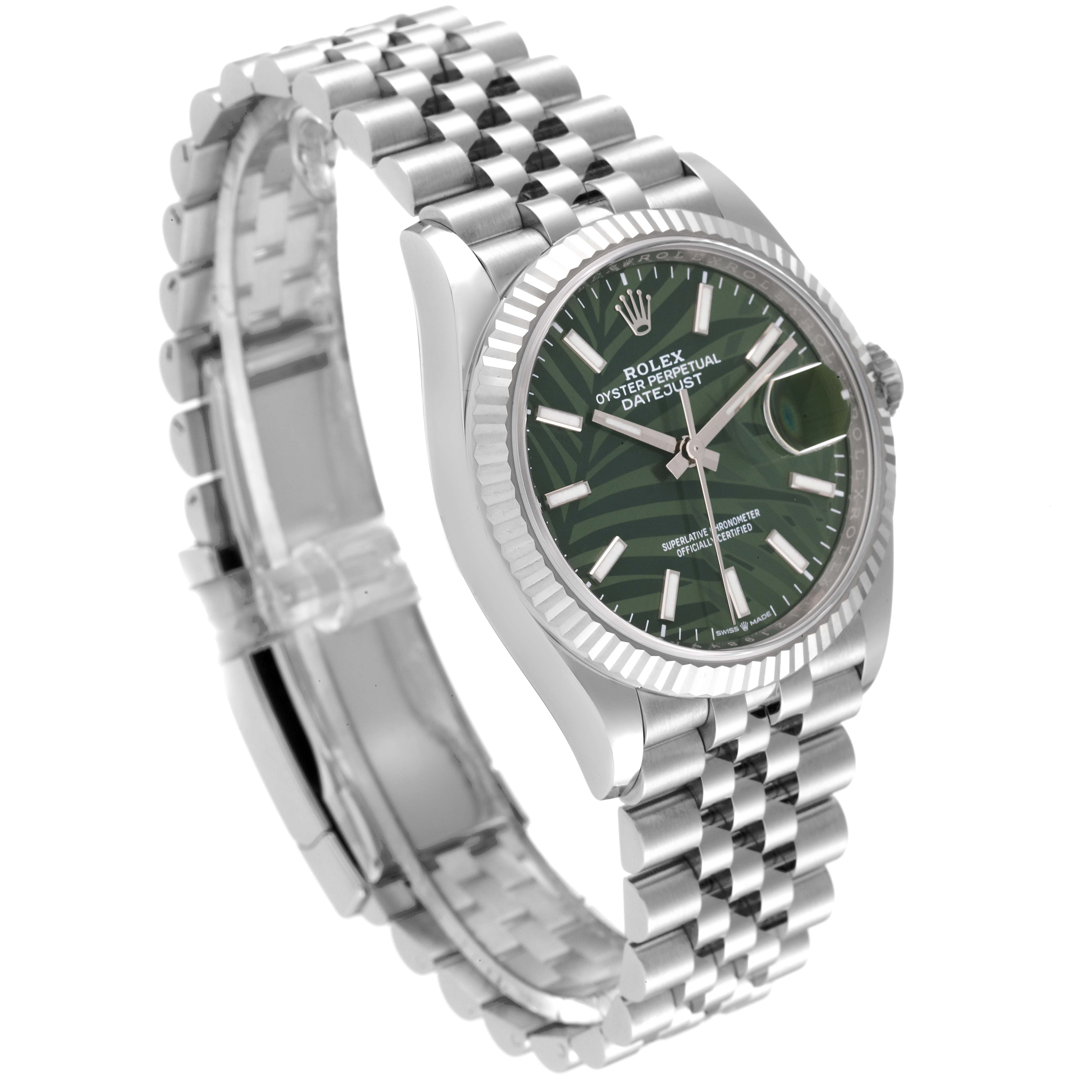 This image shows a Rolex Datejust 126234 Men's Stainless Steel Green Dial 126234 Men's Stainless Steel Green Dial watch at an oblique angle, highlighting the bracelet, face, bezel, and crown.