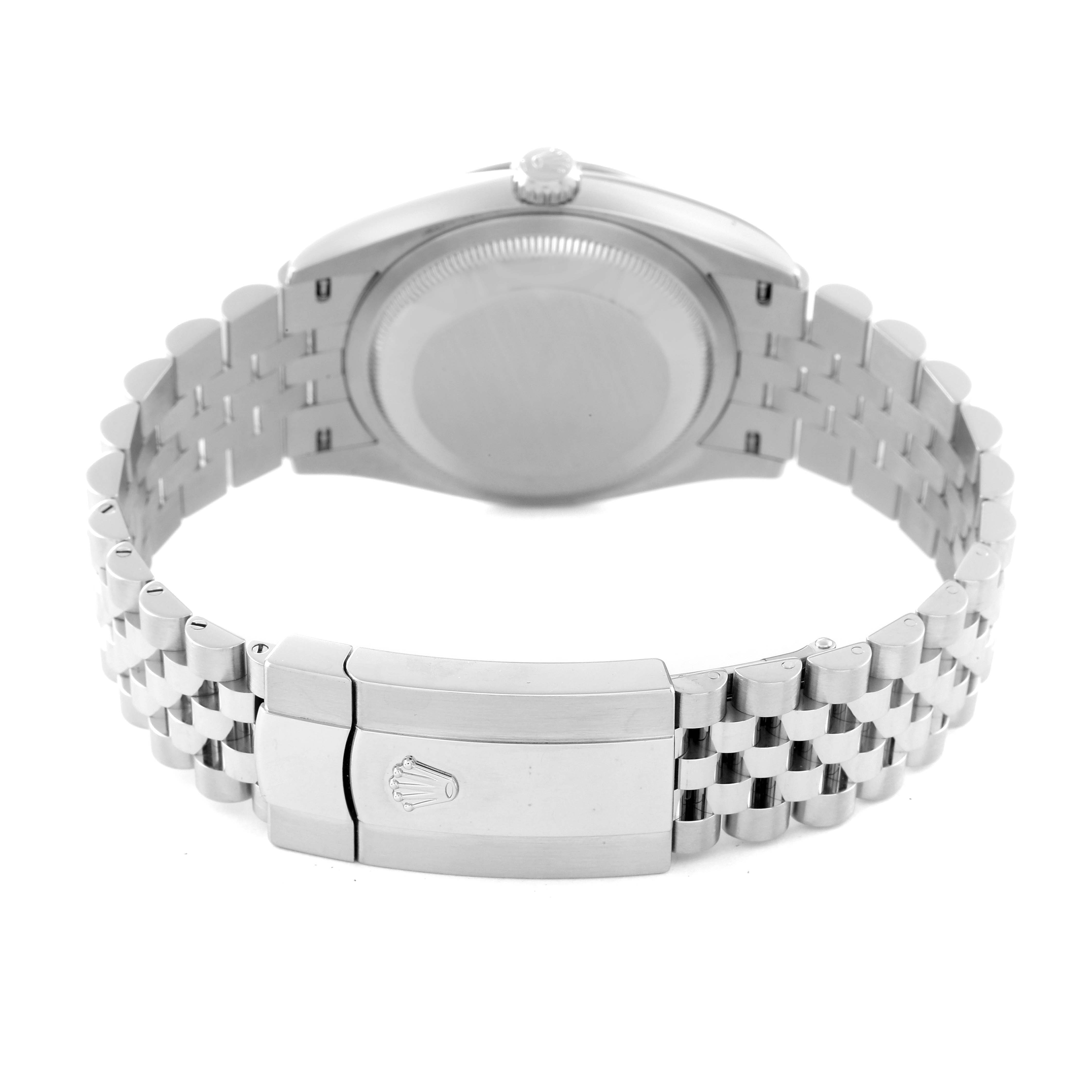 This image shows the back case and Jubilee bracelet with clasp of a Rolex Datejust 126234 Men's Stainless Steel Green Dial 126234 Men's Stainless Steel Green Dial watch.