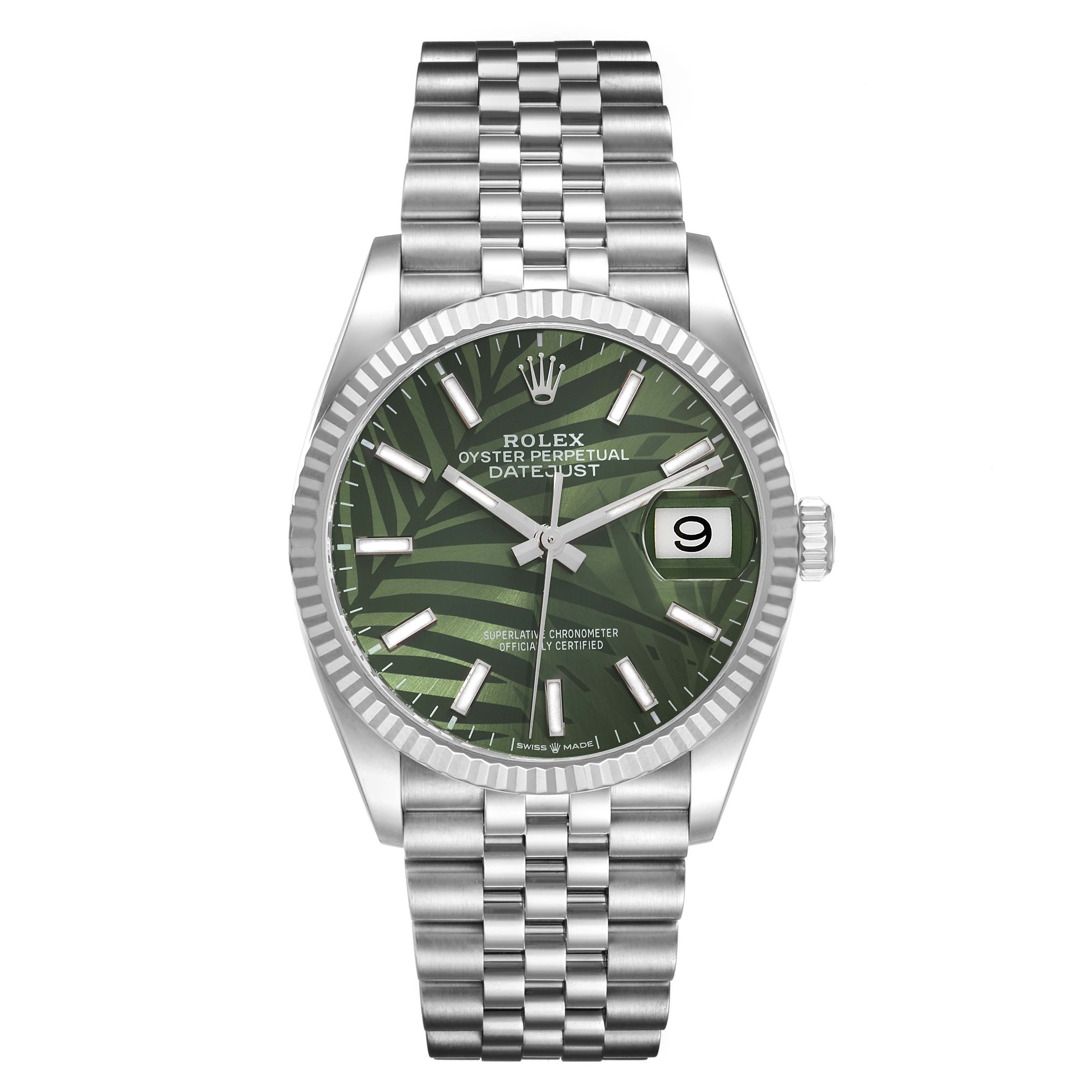 The image shows a Rolex Datejust 126234 Men's Stainless Steel Green Dial 126234 Men's Stainless Steel Green Dial watch from a front view, highlighting its green dial, date display, and metal bracelet.