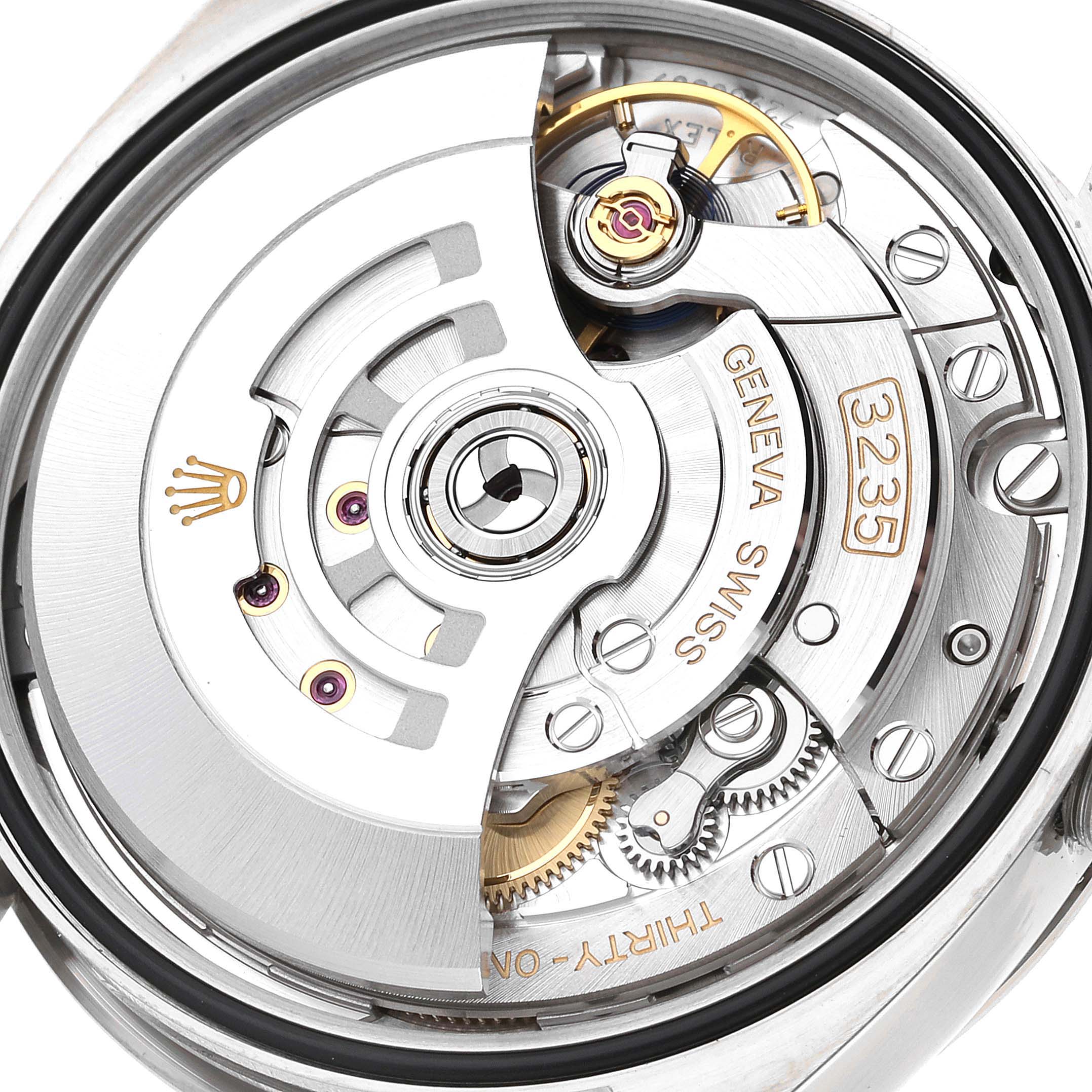 This image shows the internal mechanism and movement of a Rolex Datejust 126234 Men's Stainless Steel Green Dial 126234 Men's Stainless Steel Green Dial watch, specifically highlighting the Calibre 3235.
